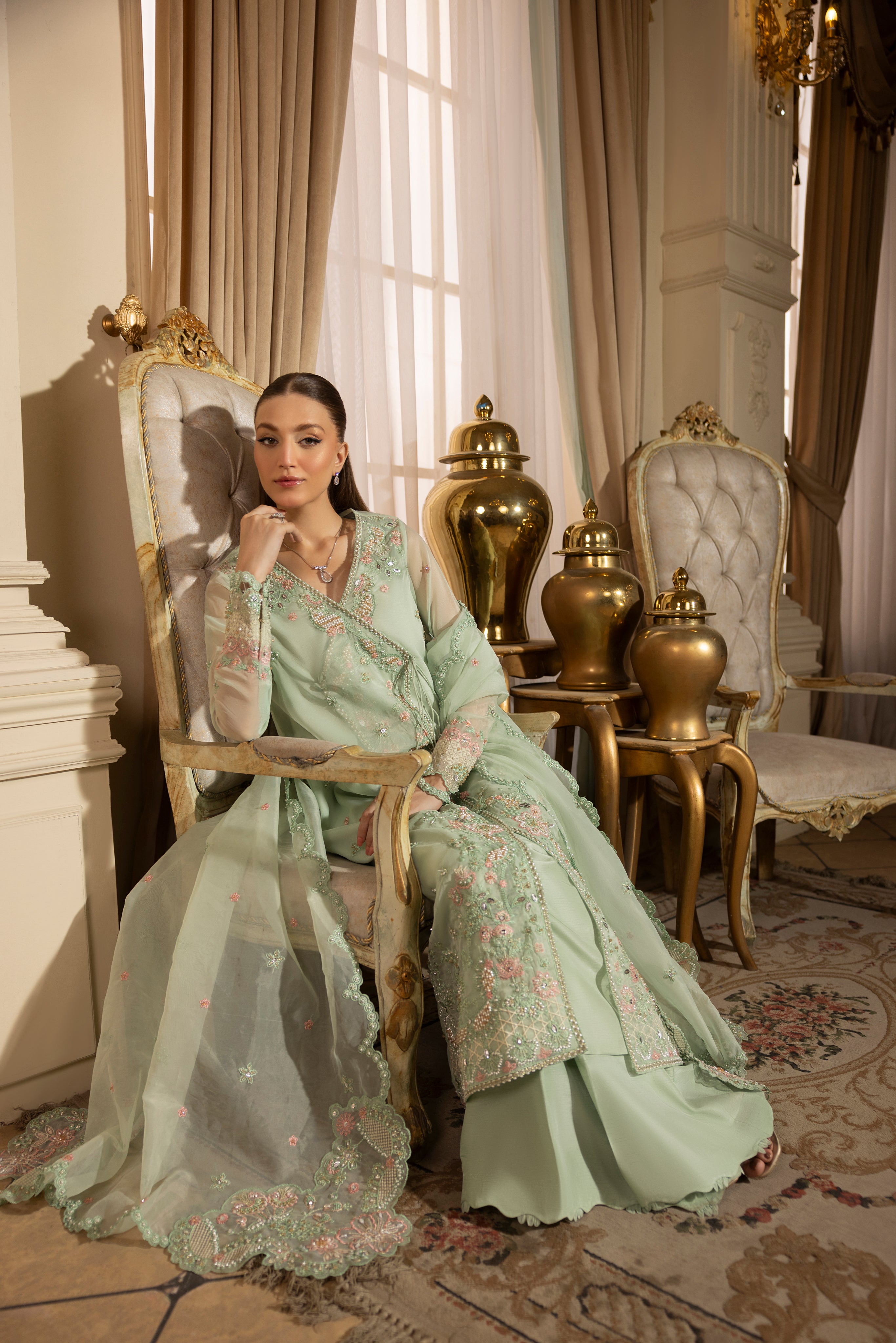 ICE BLUE GRACE-0RGANZA HAND ENSEMBLE EMBROIDERED-D-100013