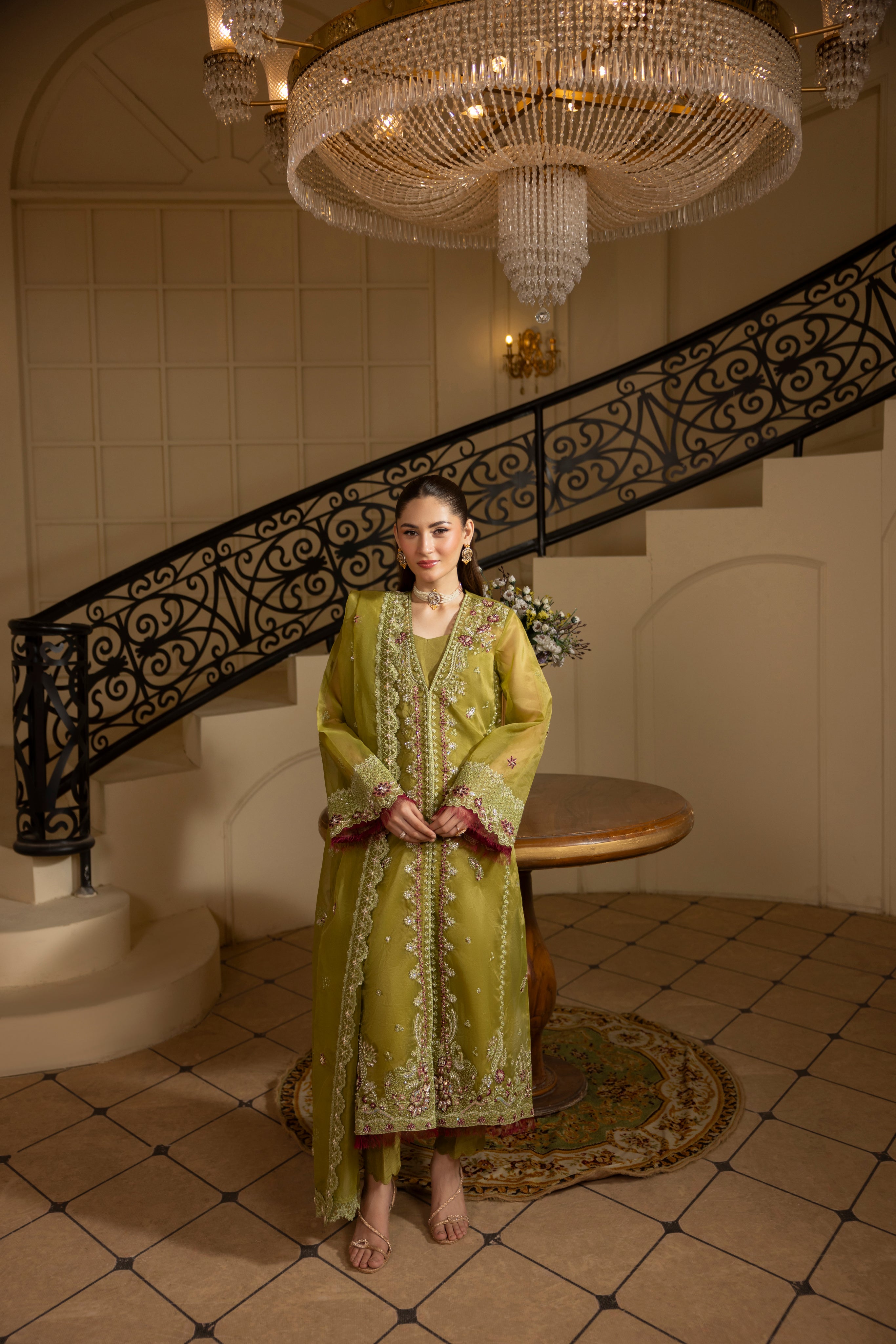 GREEN EMERALD-0RGANZA HAND EMBELLISHED EMBROIDERED-D-100014