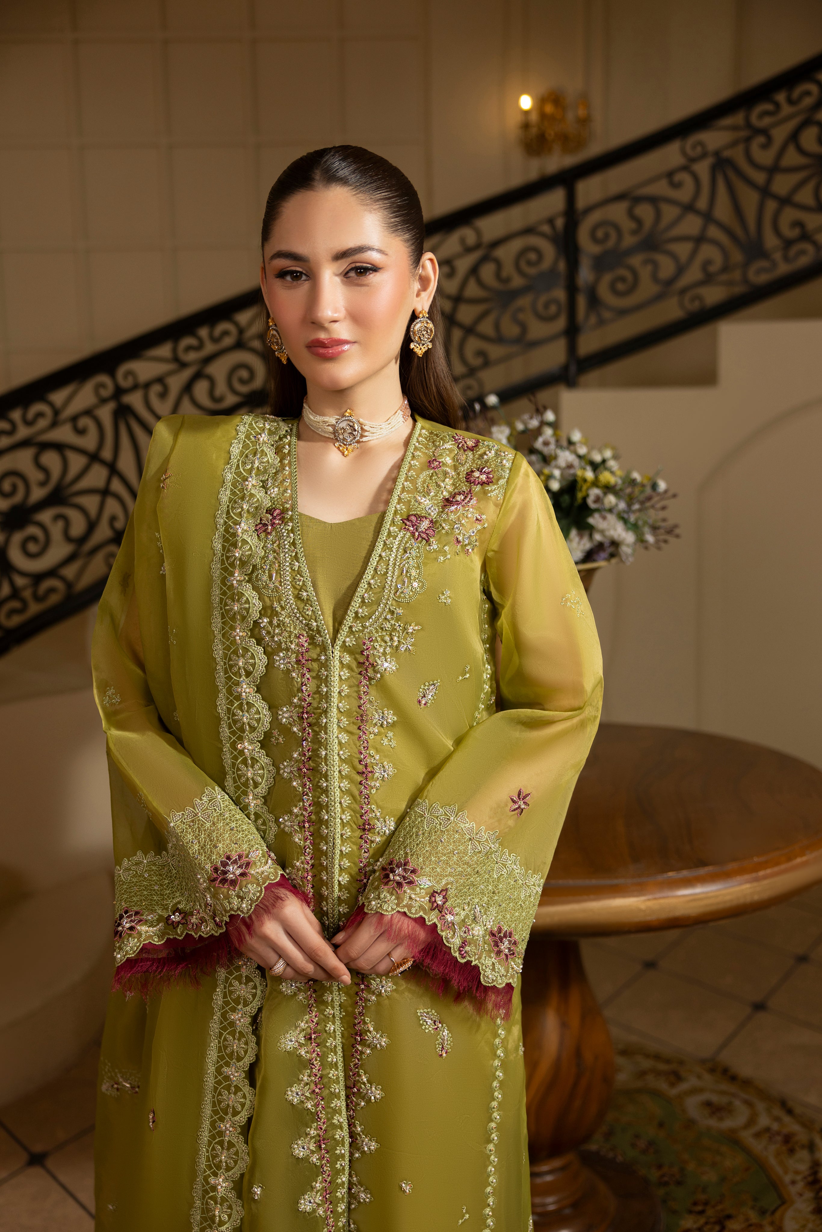 GREEN EMERALD-0RGANZA HAND EMBELLISHED EMBROIDERED-D-100014
