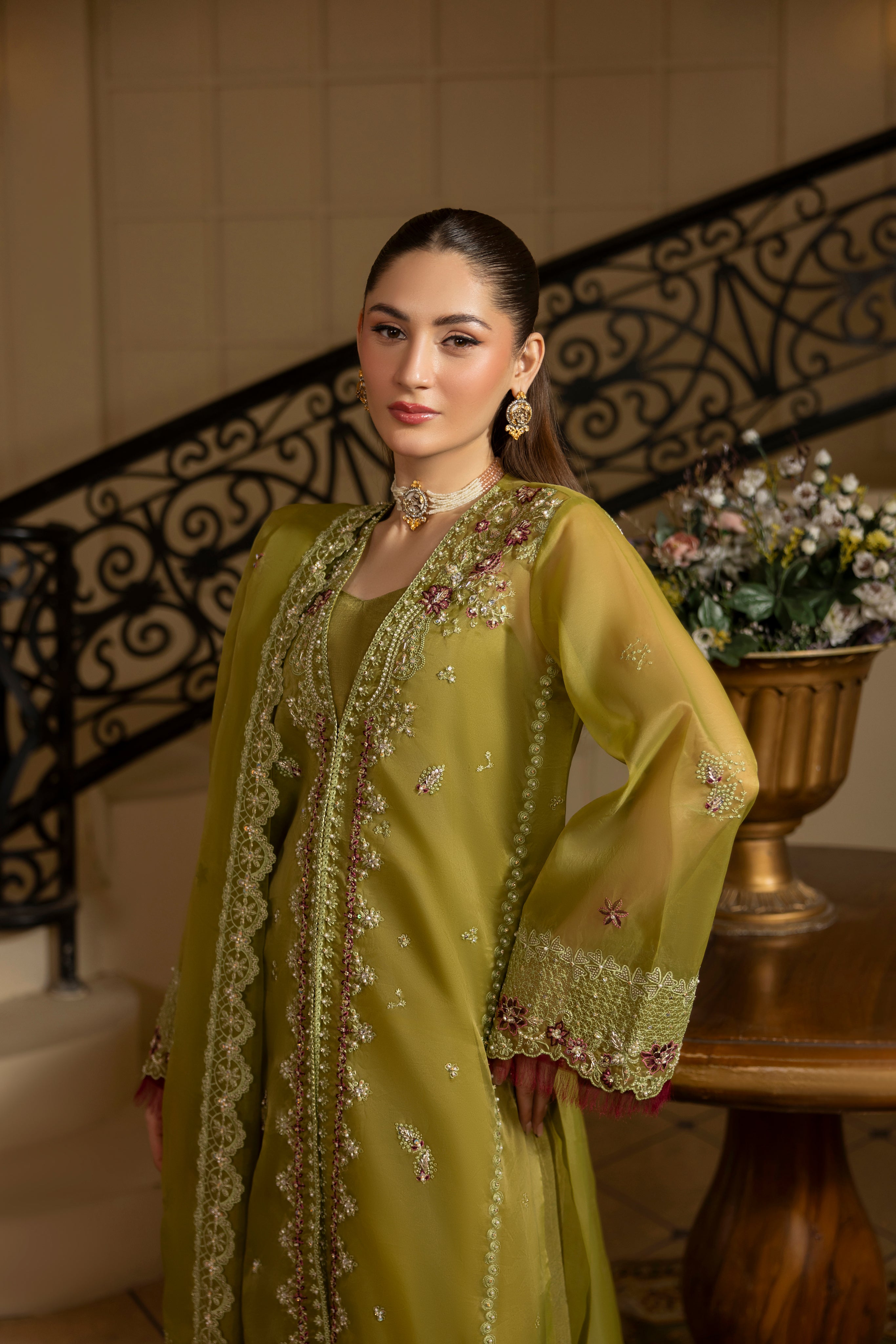 GREEN EMERALD-0RGANZA HAND EMBELLISHED EMBROIDERED-D-100014
