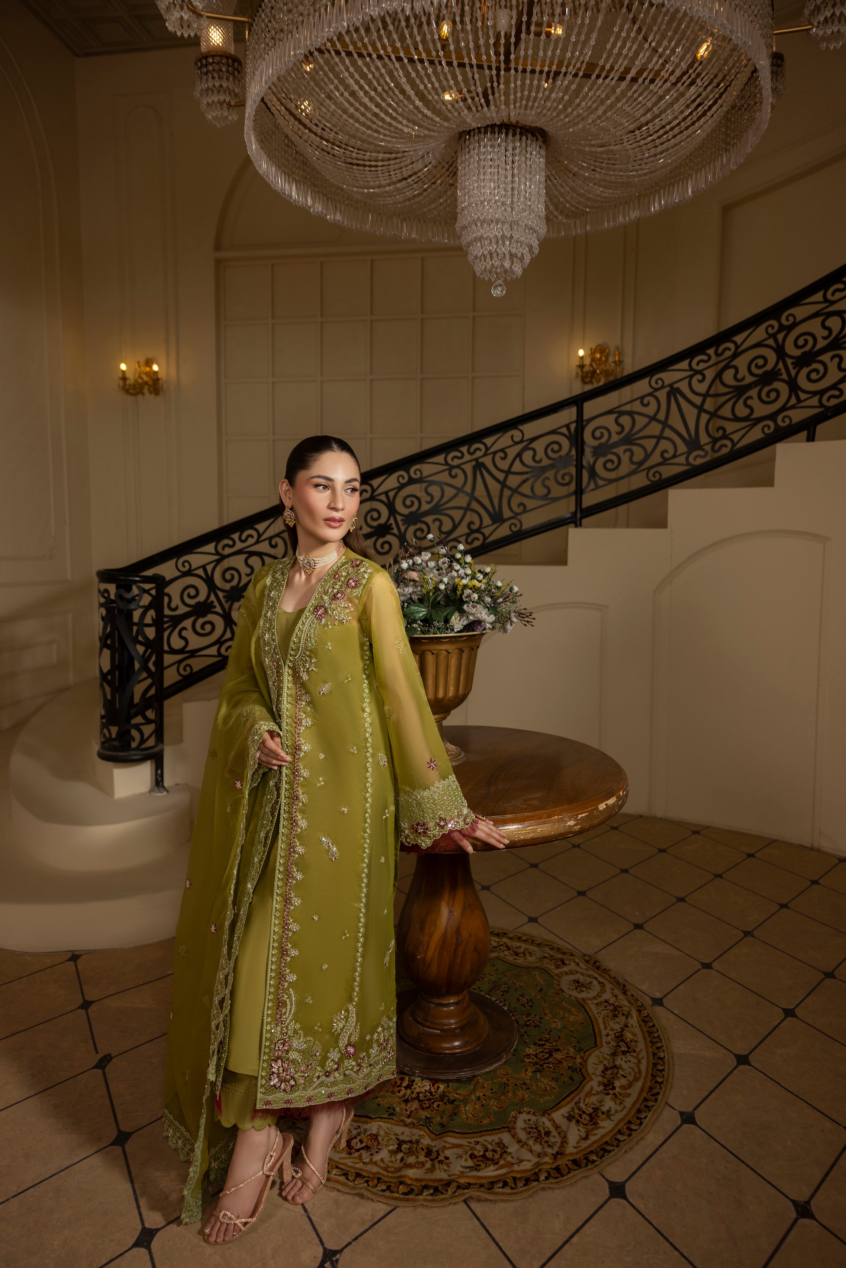 GREEN EMERALD-0RGANZA HAND EMBELLISHED EMBROIDERED-D-100014