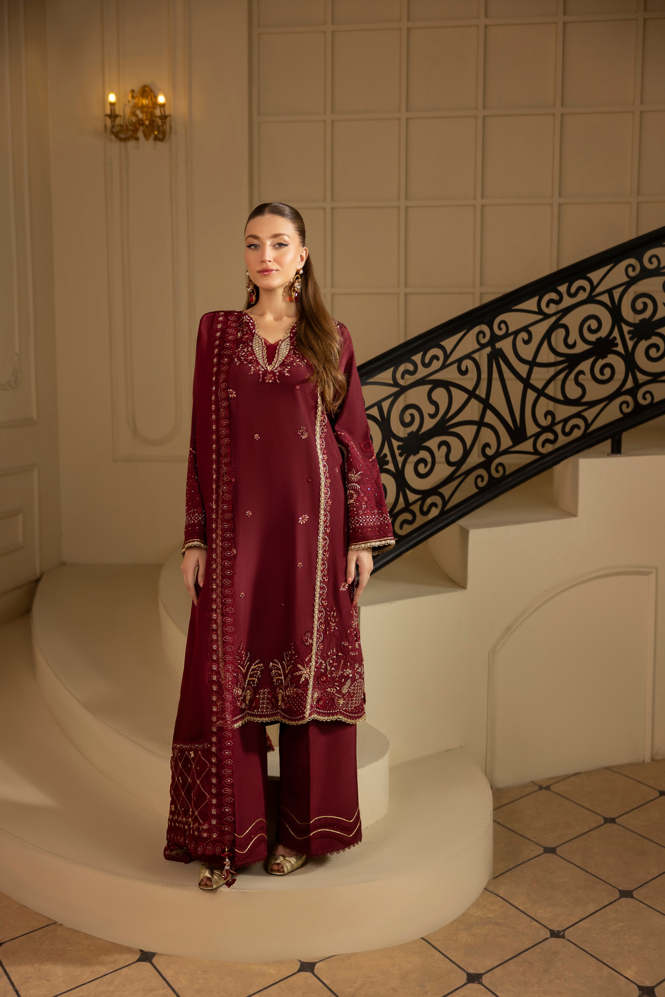 ROYAL RUBY-RAW SILK HAND EMBELLISHED EMBROIDERED-D-100015