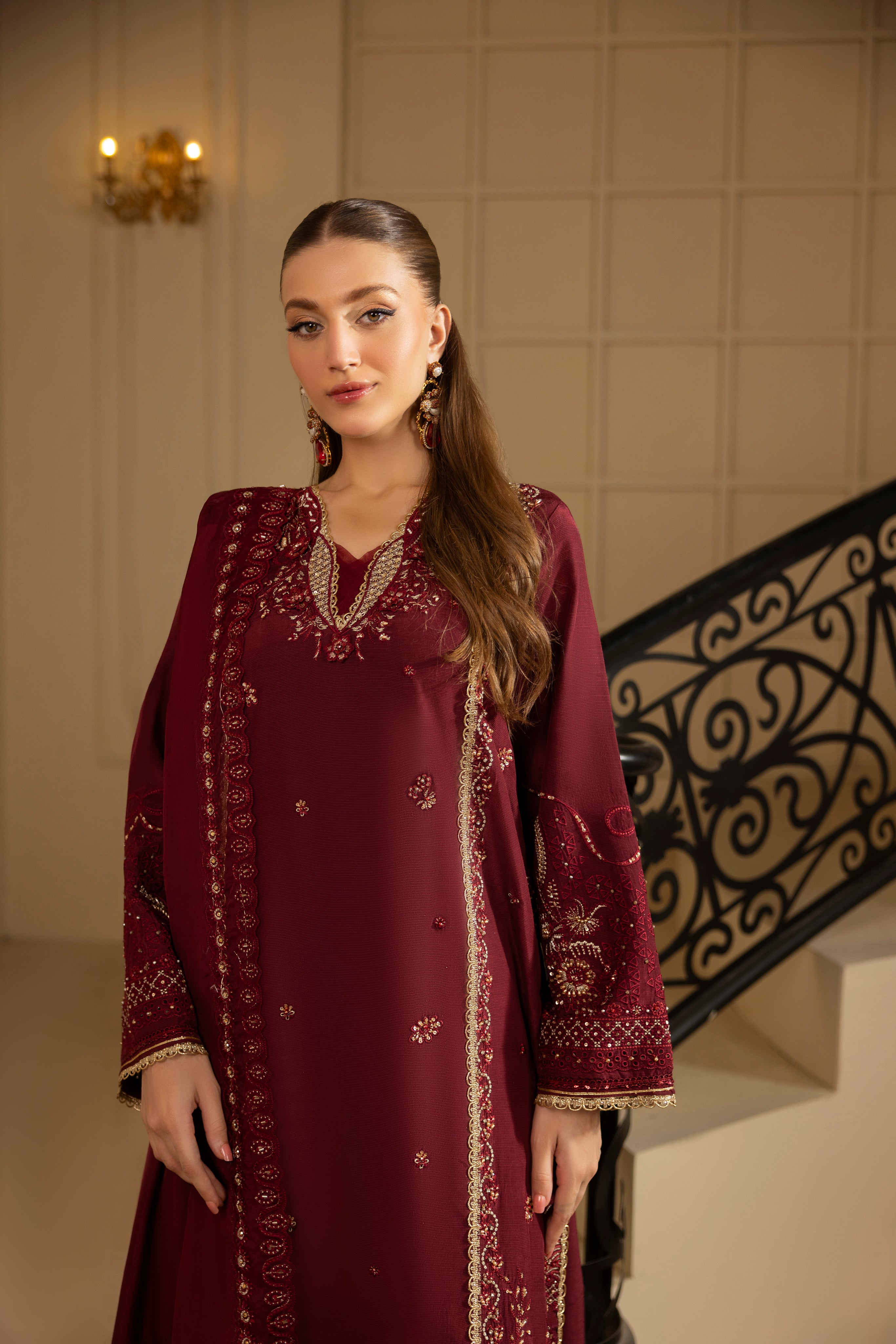ROYAL RUBY-RAW SILK HAND EMBELLISHED EMBROIDERED-D-100015