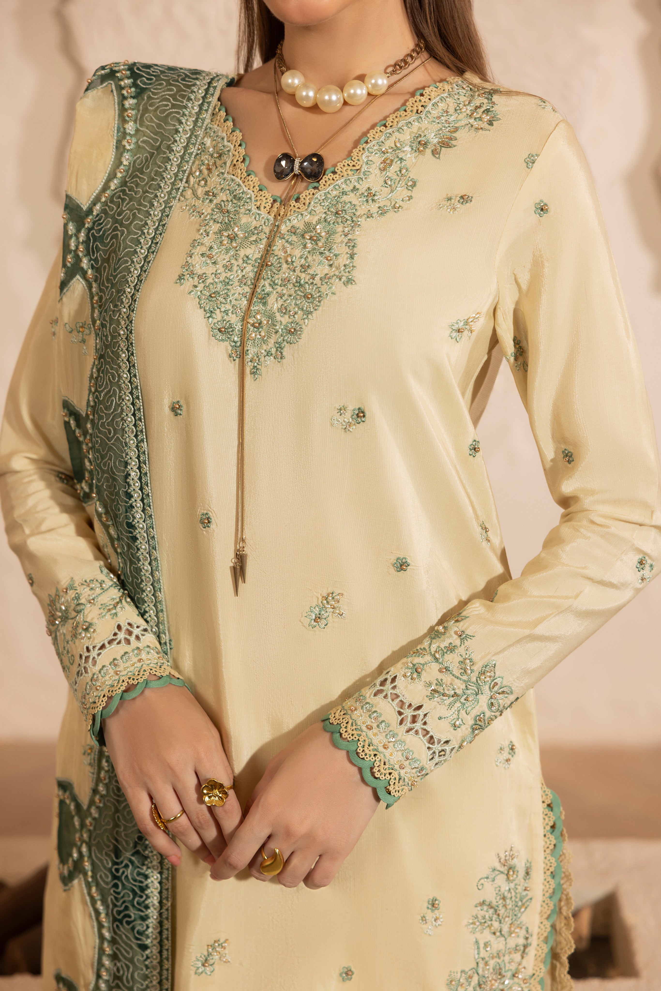 IVORY BLOOM--RAW SILK HAND ENSEMBLE EMBROIDERED-D-100012