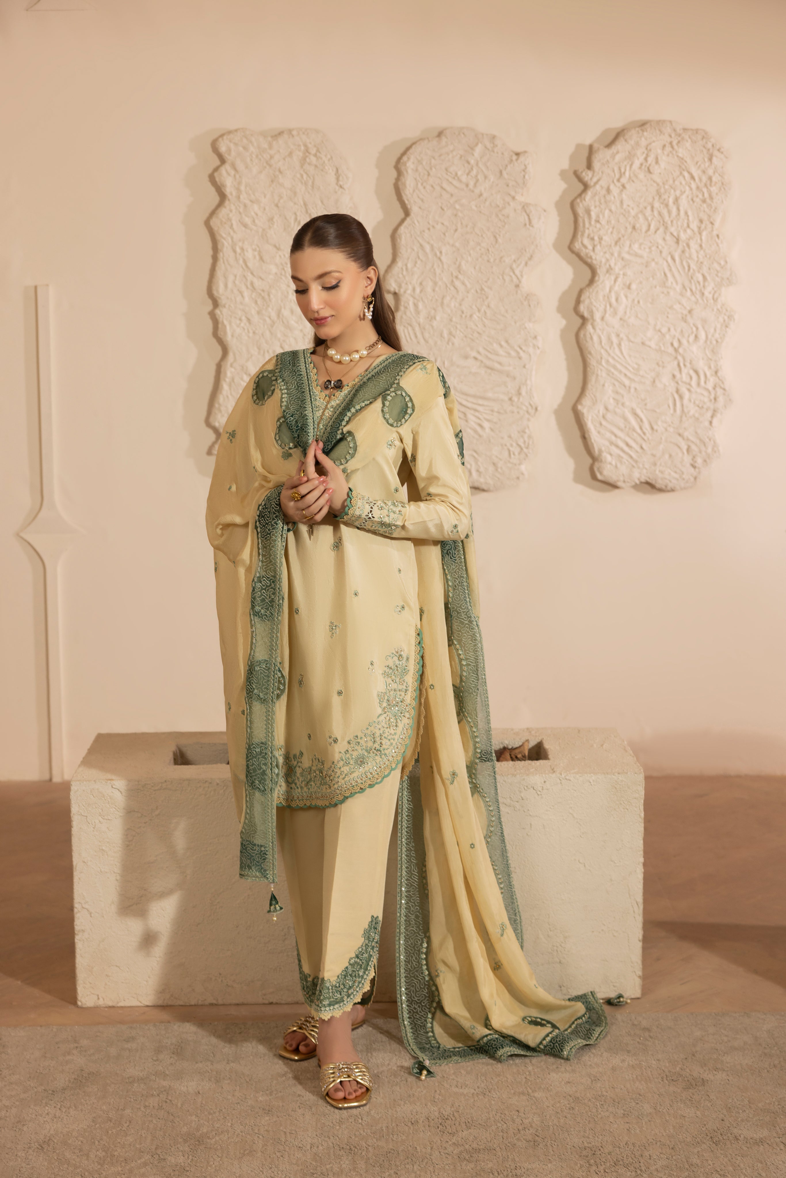IVORY BLOOM--RAW SILK HAND ENSEMBLE EMBROIDERED-D-100012