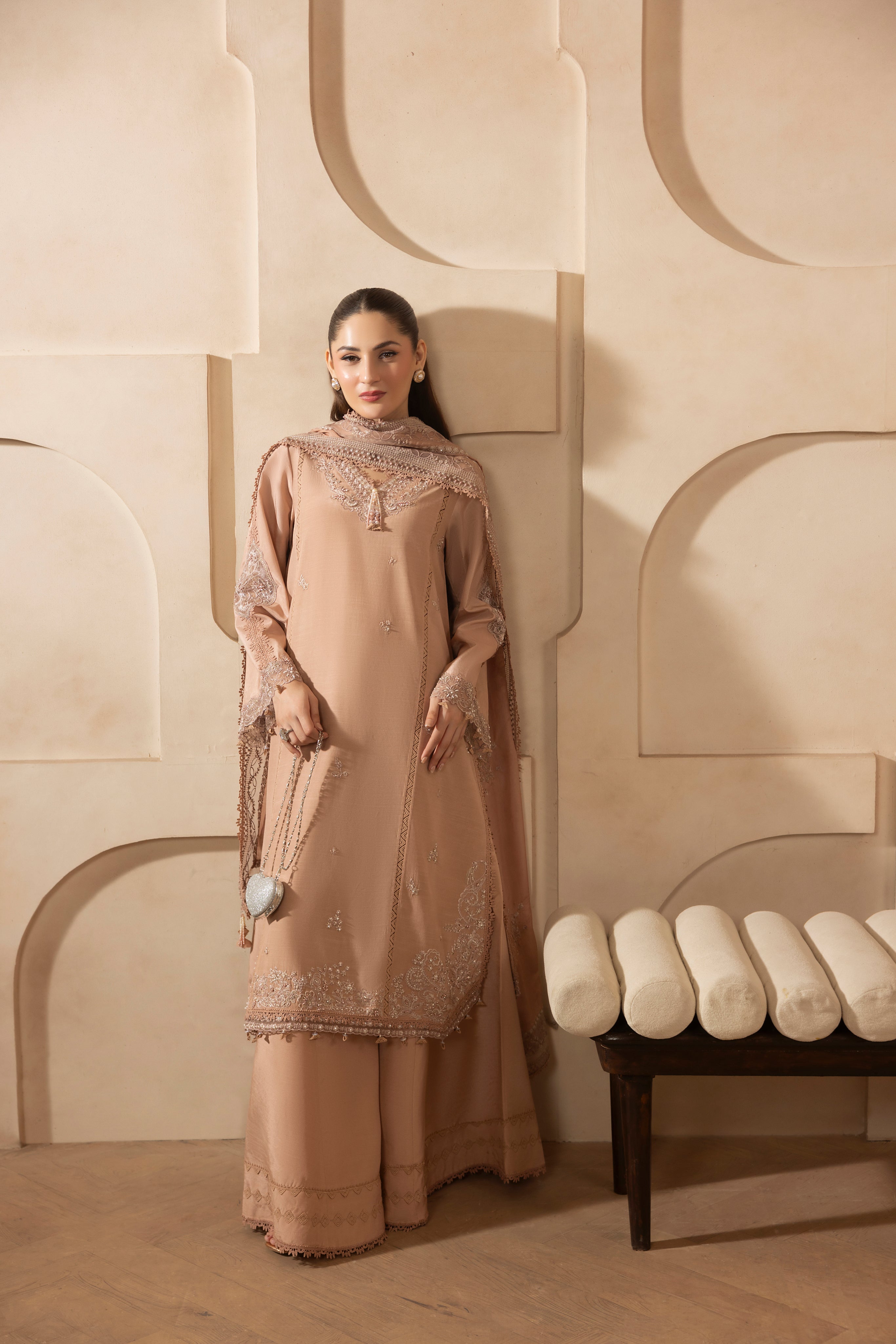 DUSTY ROSE-RAW SILK HAND ENSEMBLE EMBROIDERED-D-100011