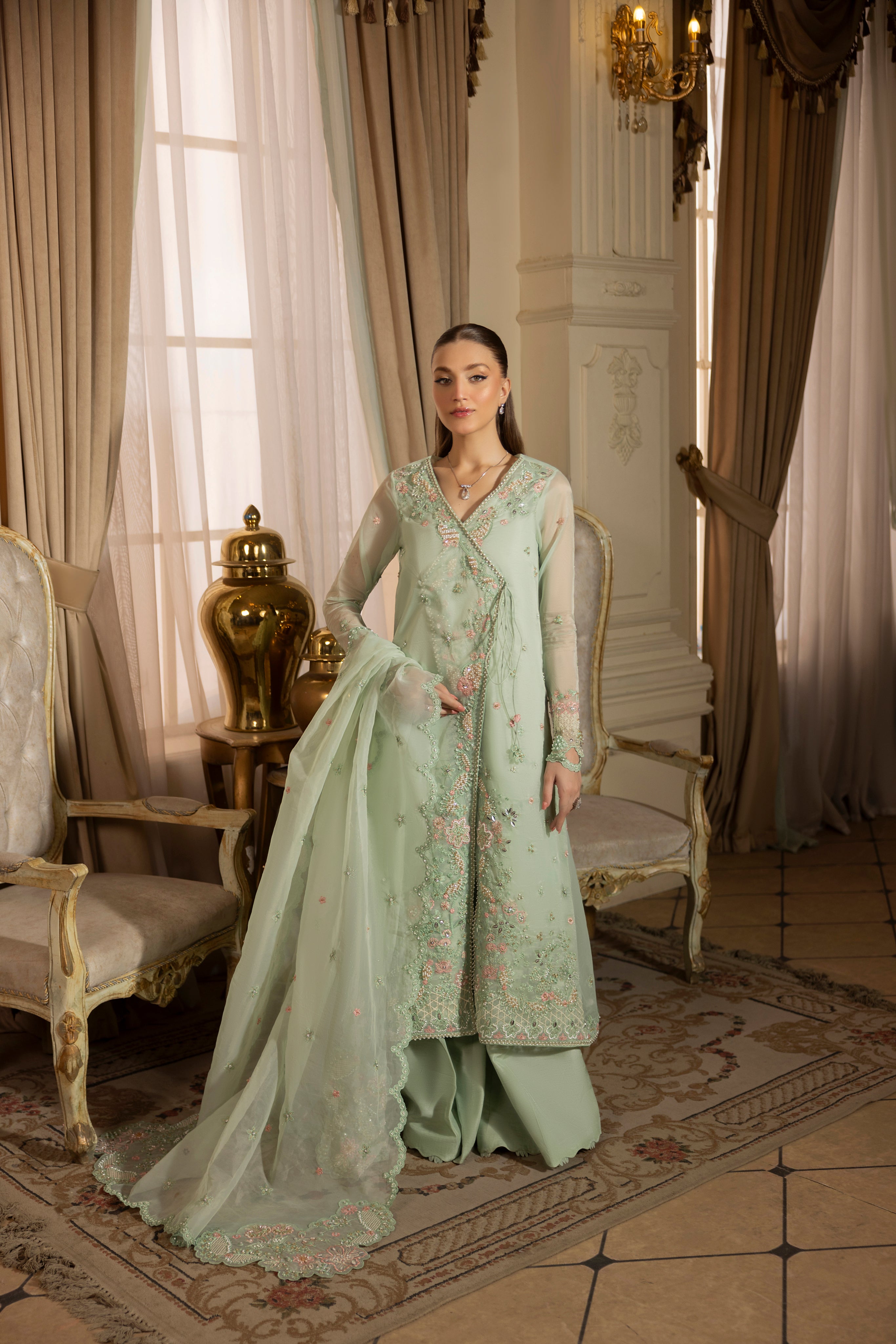 ICE BLUE GRACE-0RGANZA HAND ENSEMBLE EMBROIDERED-D-100013