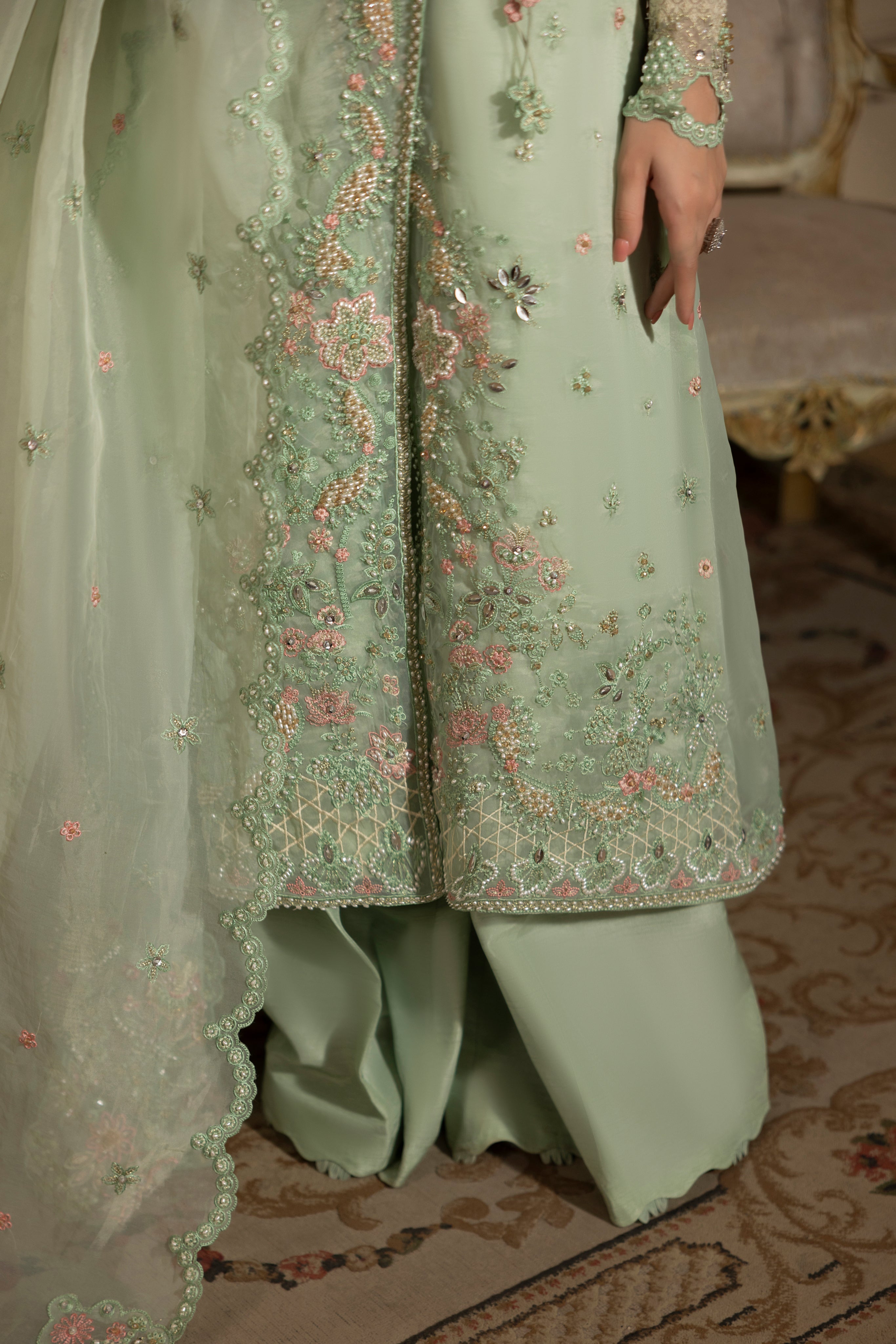 ICE BLUE GRACE-0RGANZA HAND ENSEMBLE EMBROIDERED-D-100013