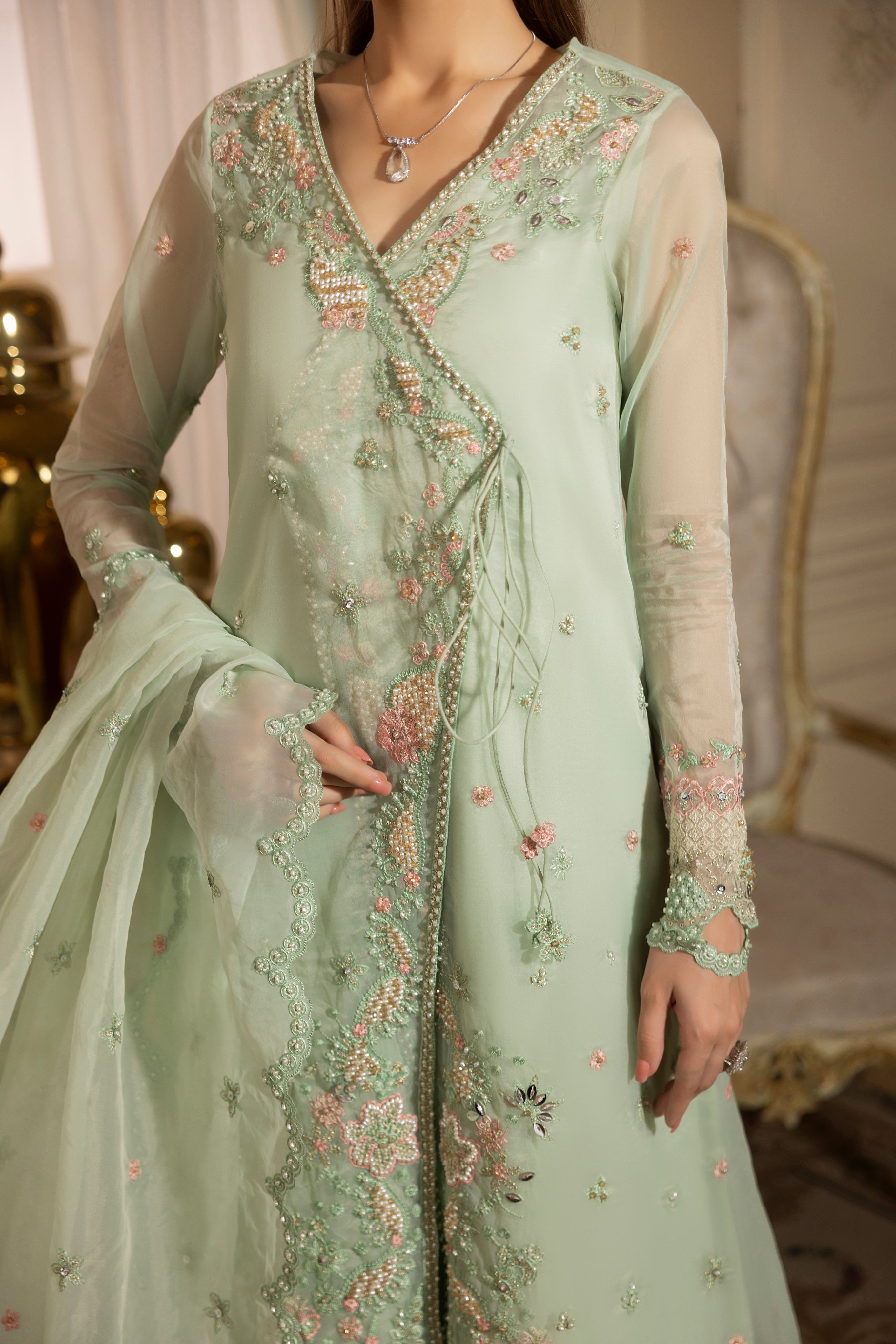 ICE BLUE GRACE-0RGANZA HAND ENSEMBLE EMBROIDERED-D-100013