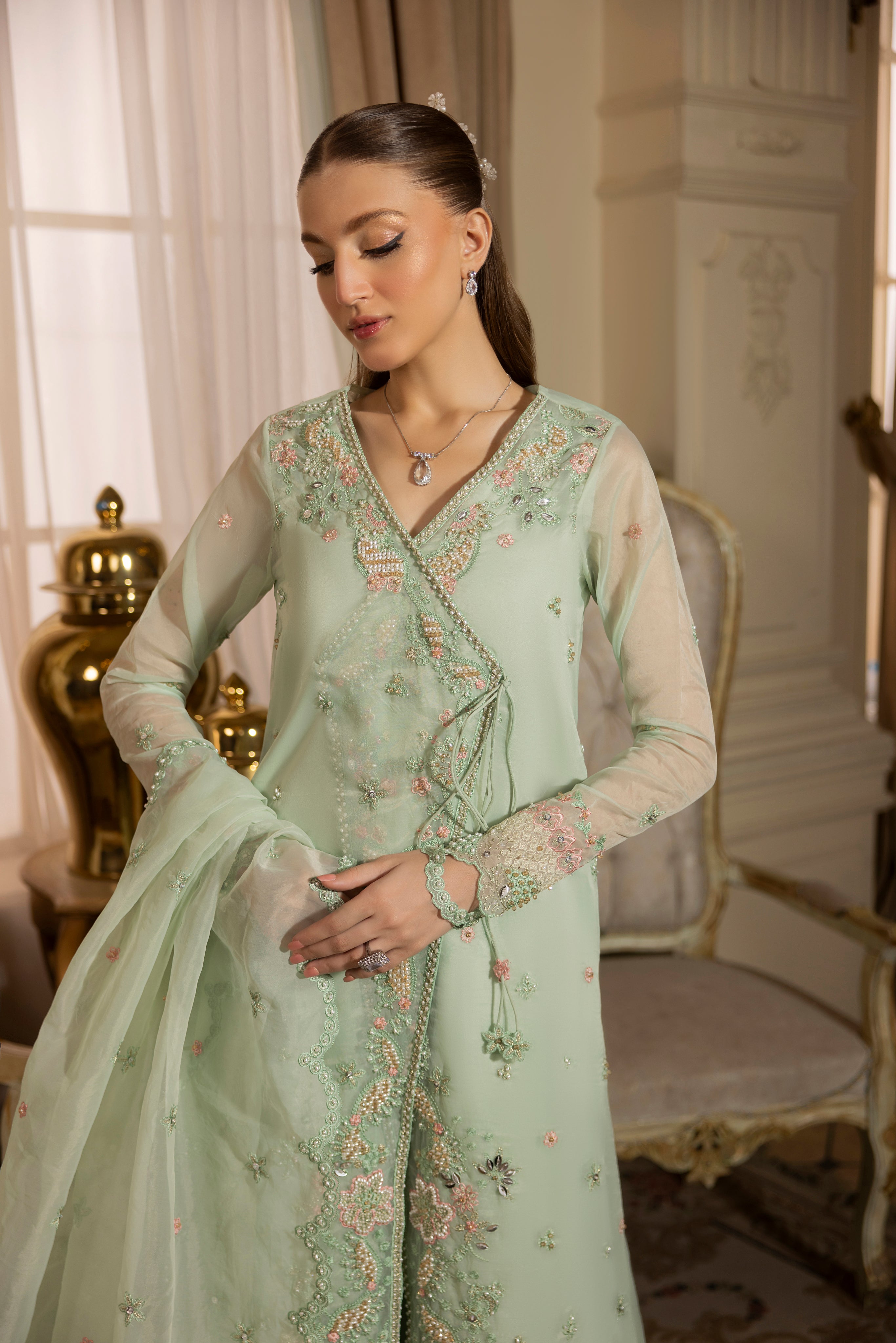 ICE BLUE GRACE-0RGANZA HAND ENSEMBLE EMBROIDERED-D-100013