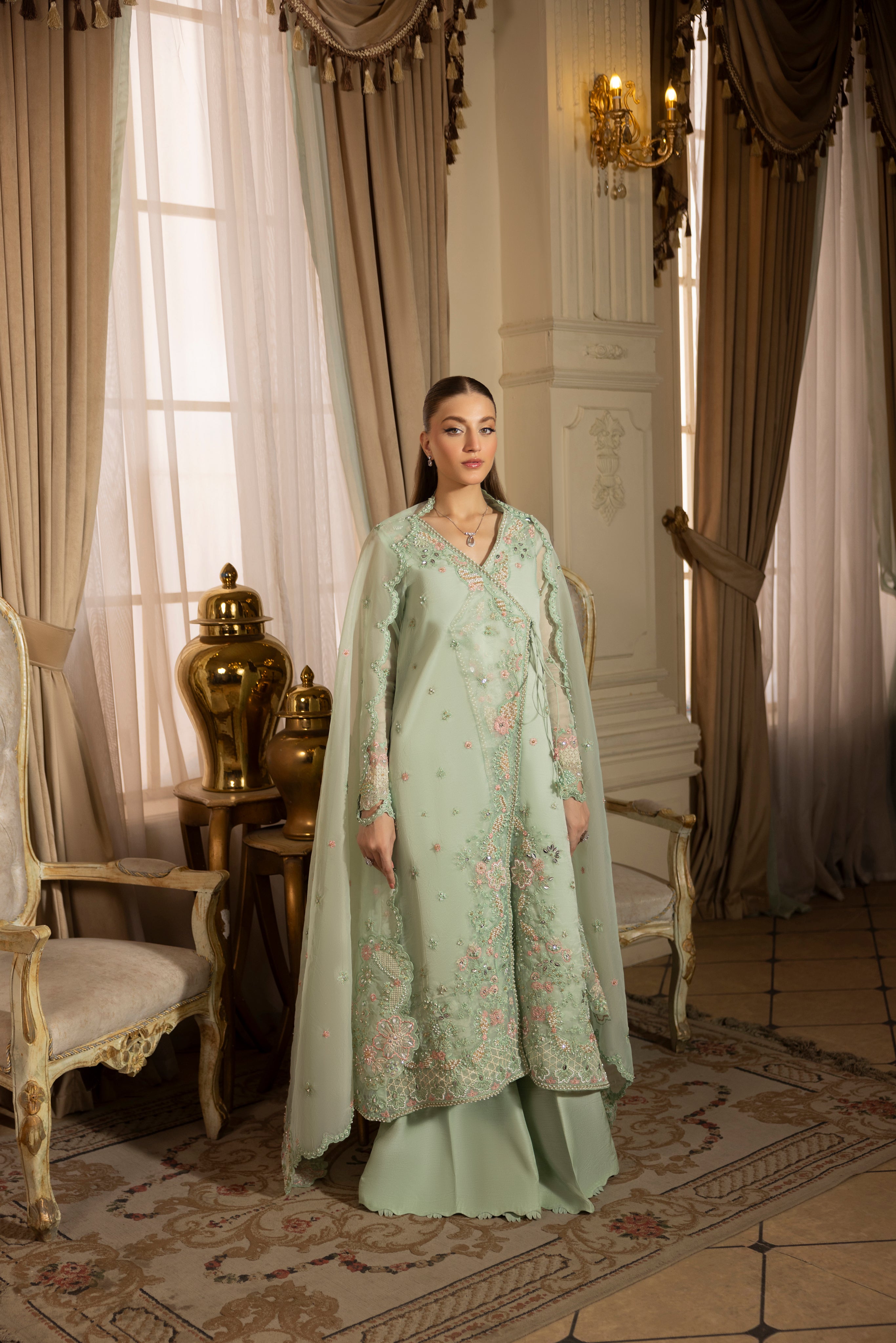 ICE BLUE GRACE-0RGANZA HAND ENSEMBLE EMBROIDERED-D-100013