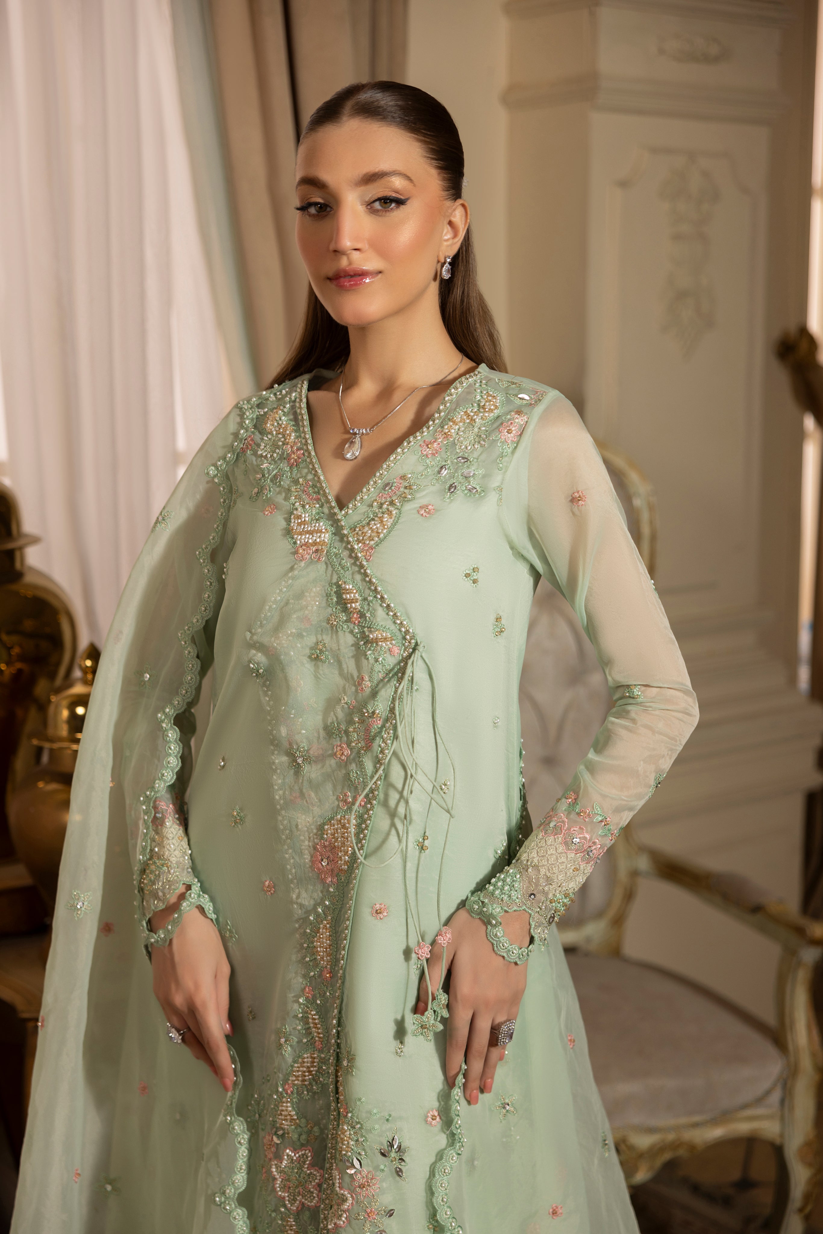 ICE BLUE GRACE-0RGANZA HAND ENSEMBLE EMBROIDERED-D-100013
