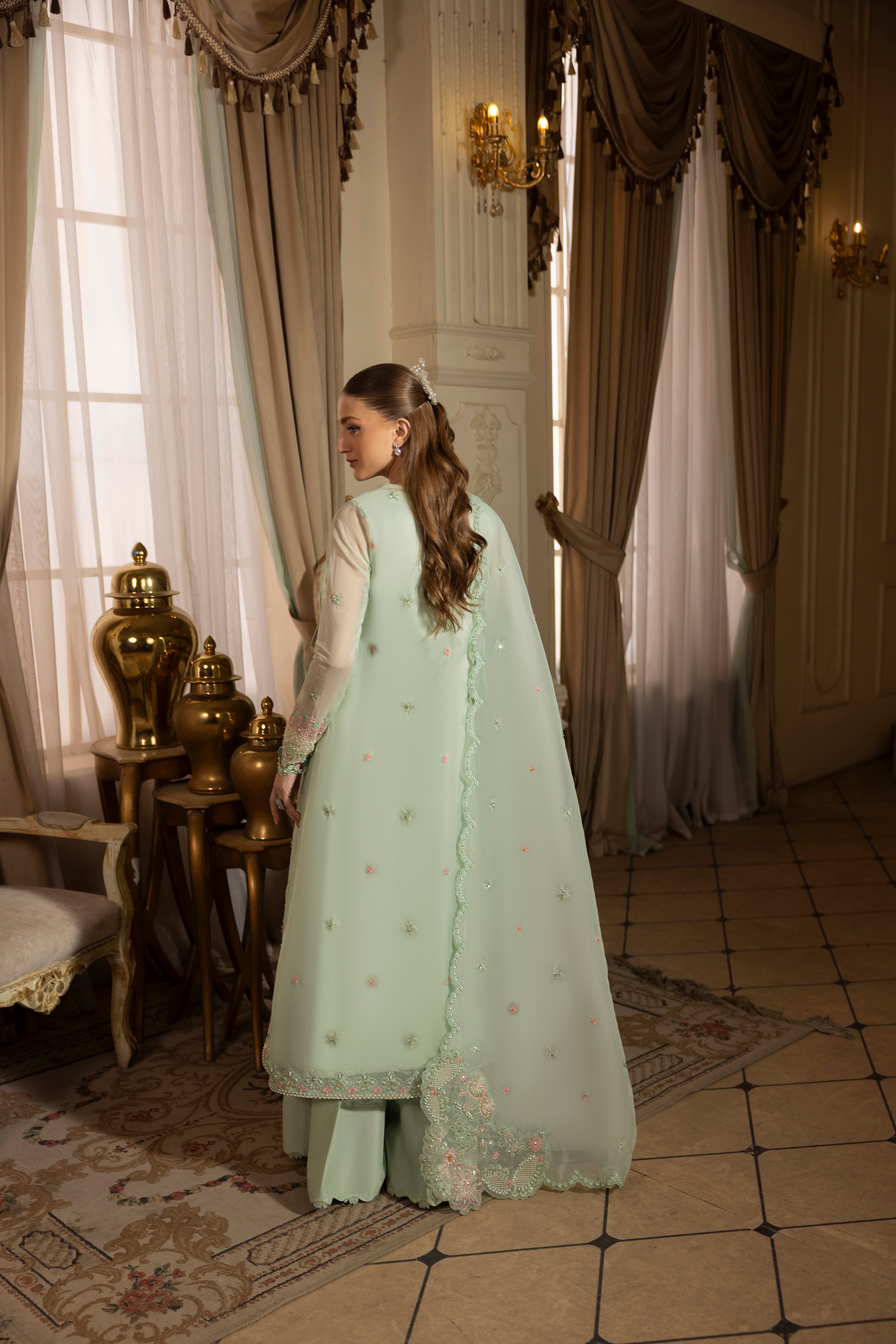 ICE BLUE GRACE-0RGANZA HAND ENSEMBLE EMBROIDERED-D-100013
