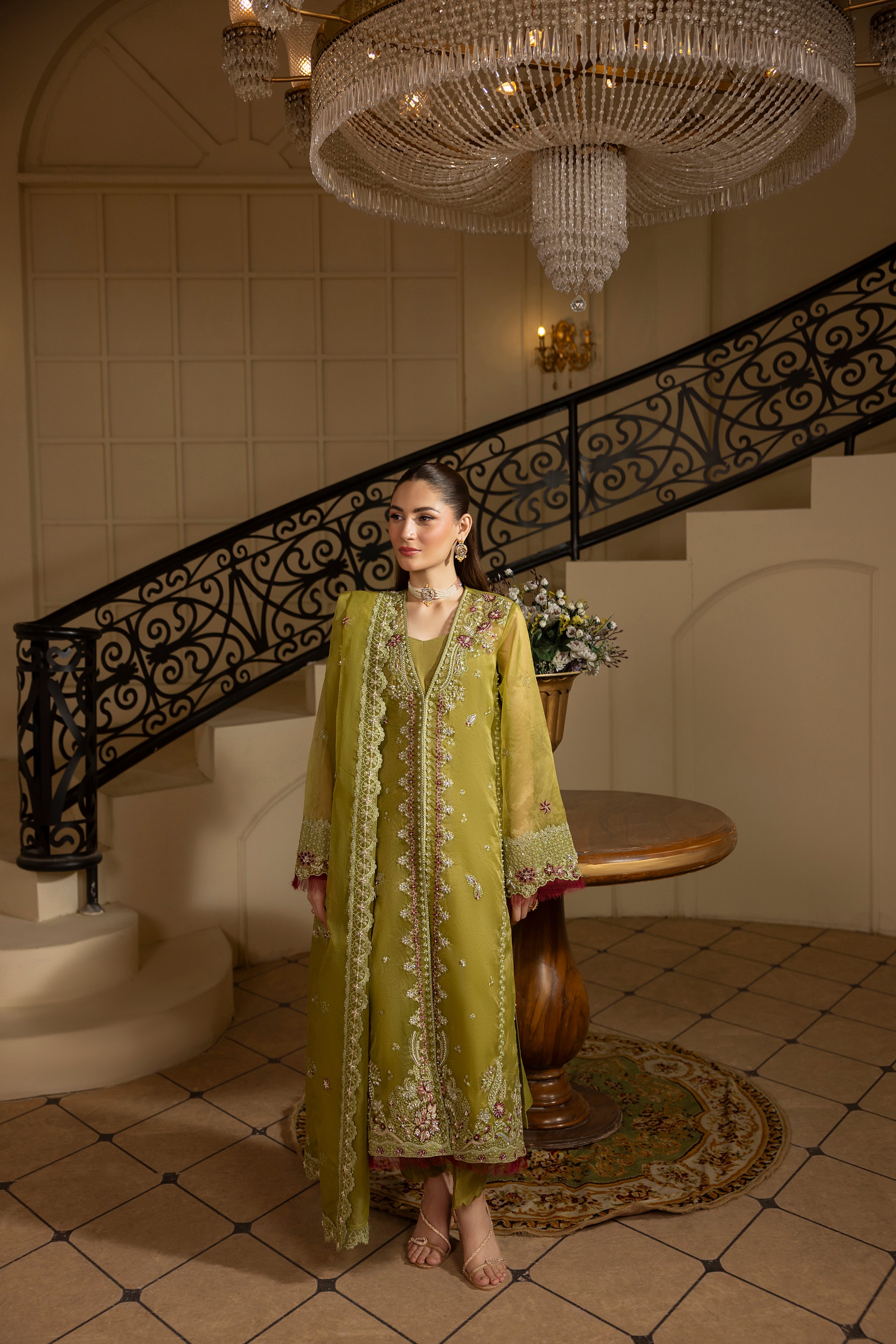 GREEN EMERALD-0RGANZA HAND EMBELLISHED EMBROIDERED-D-100014