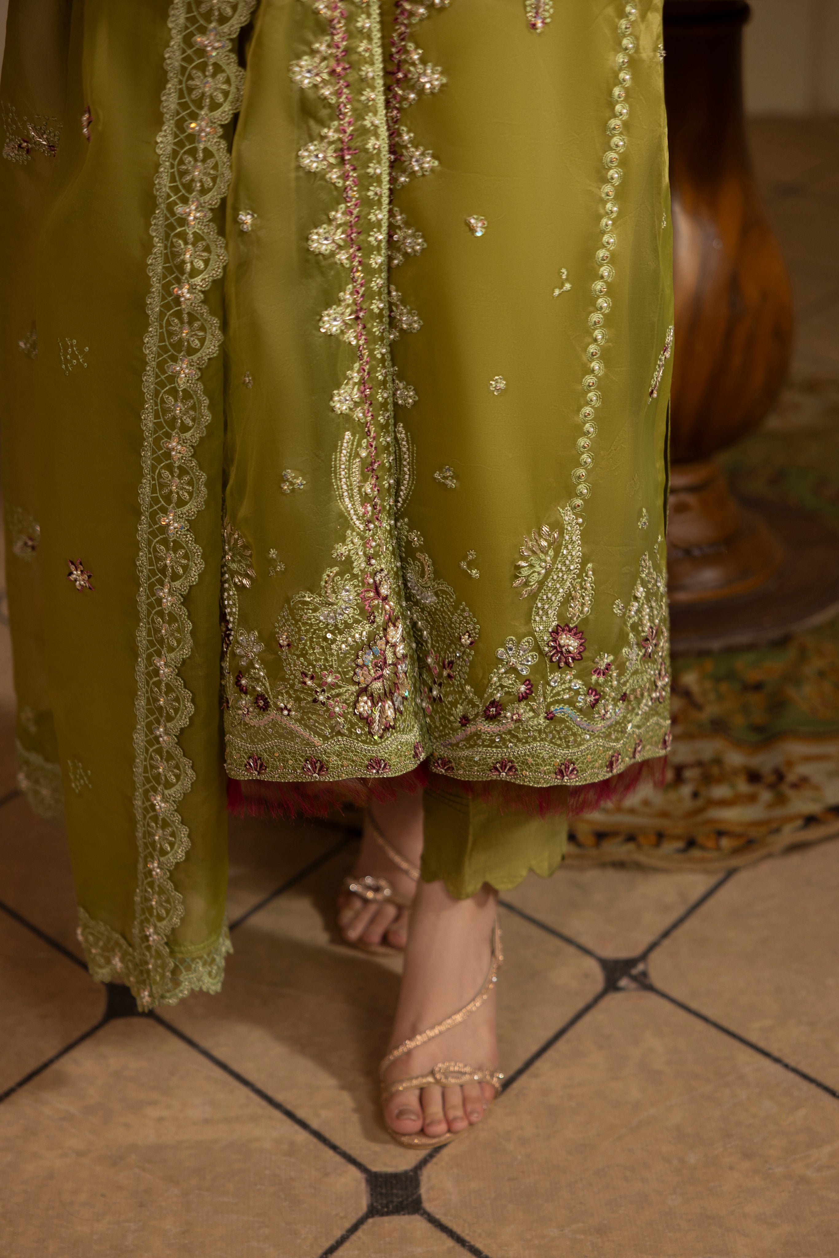 GREEN EMERALD-0RGANZA HAND EMBELLISHED EMBROIDERED-D-100014
