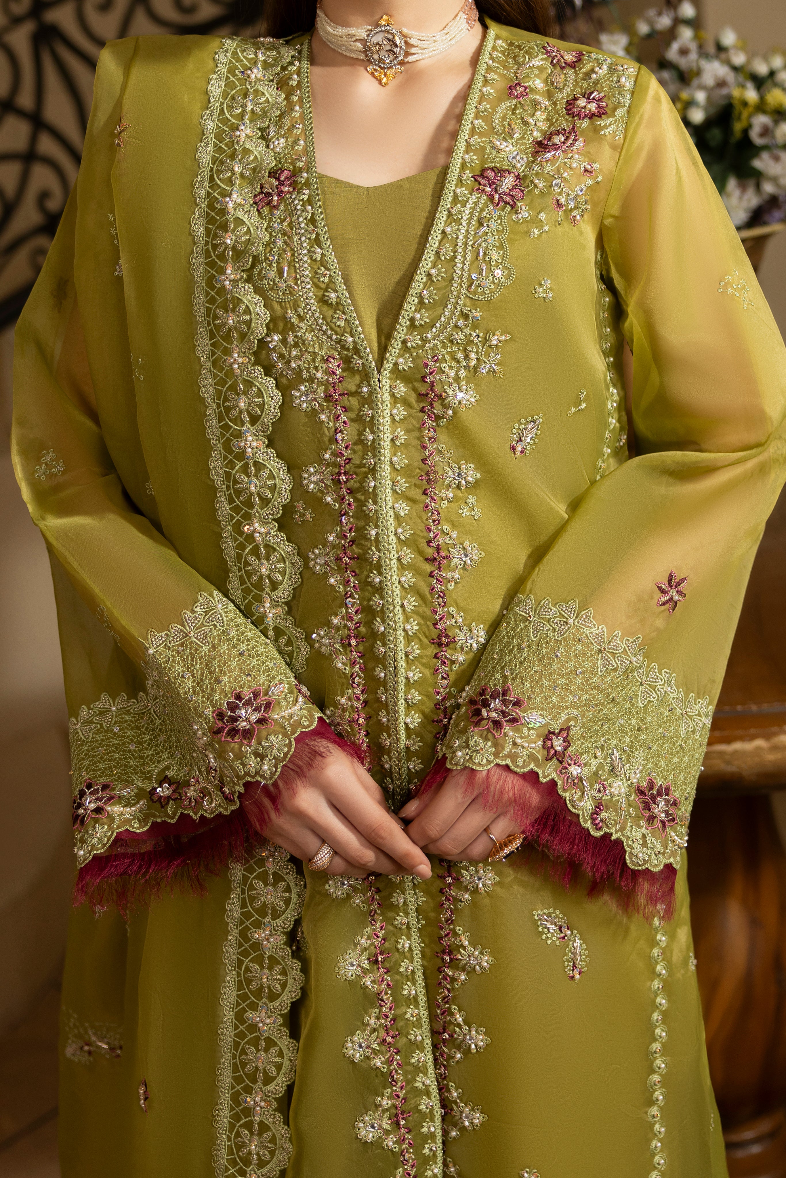 GREEN EMERALD-0RGANZA HAND EMBELLISHED EMBROIDERED-D-100014
