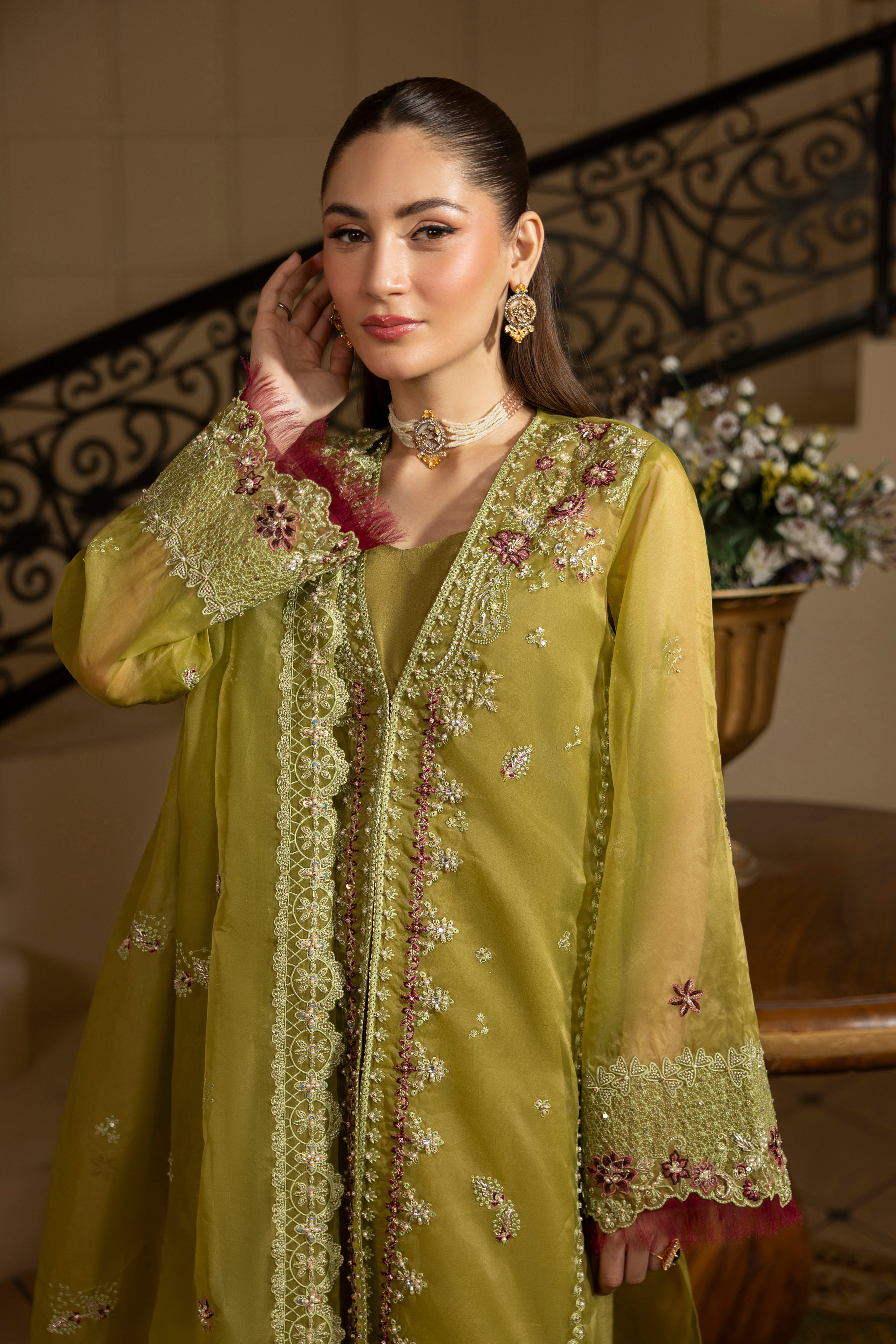 GREEN EMERALD-0RGANZA HAND EMBELLISHED EMBROIDERED-D-100014