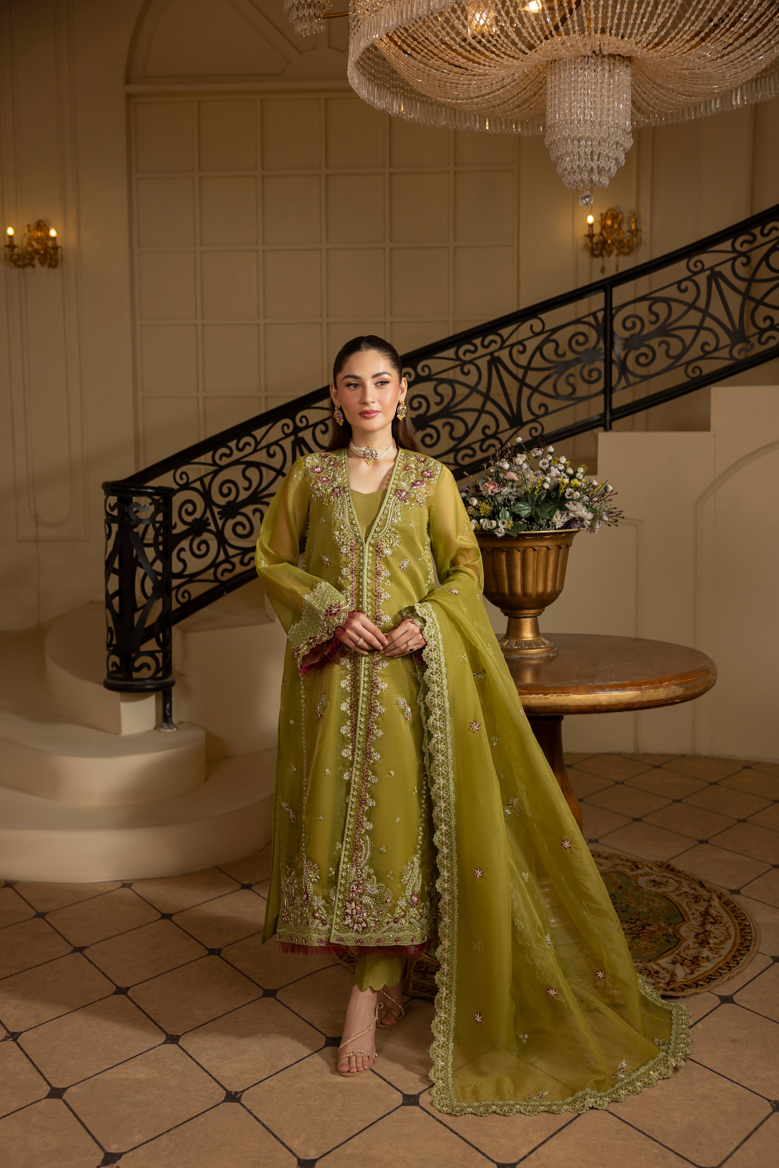 GREEN EMERALD-0RGANZA HAND EMBELLISHED EMBROIDERED-D-100014