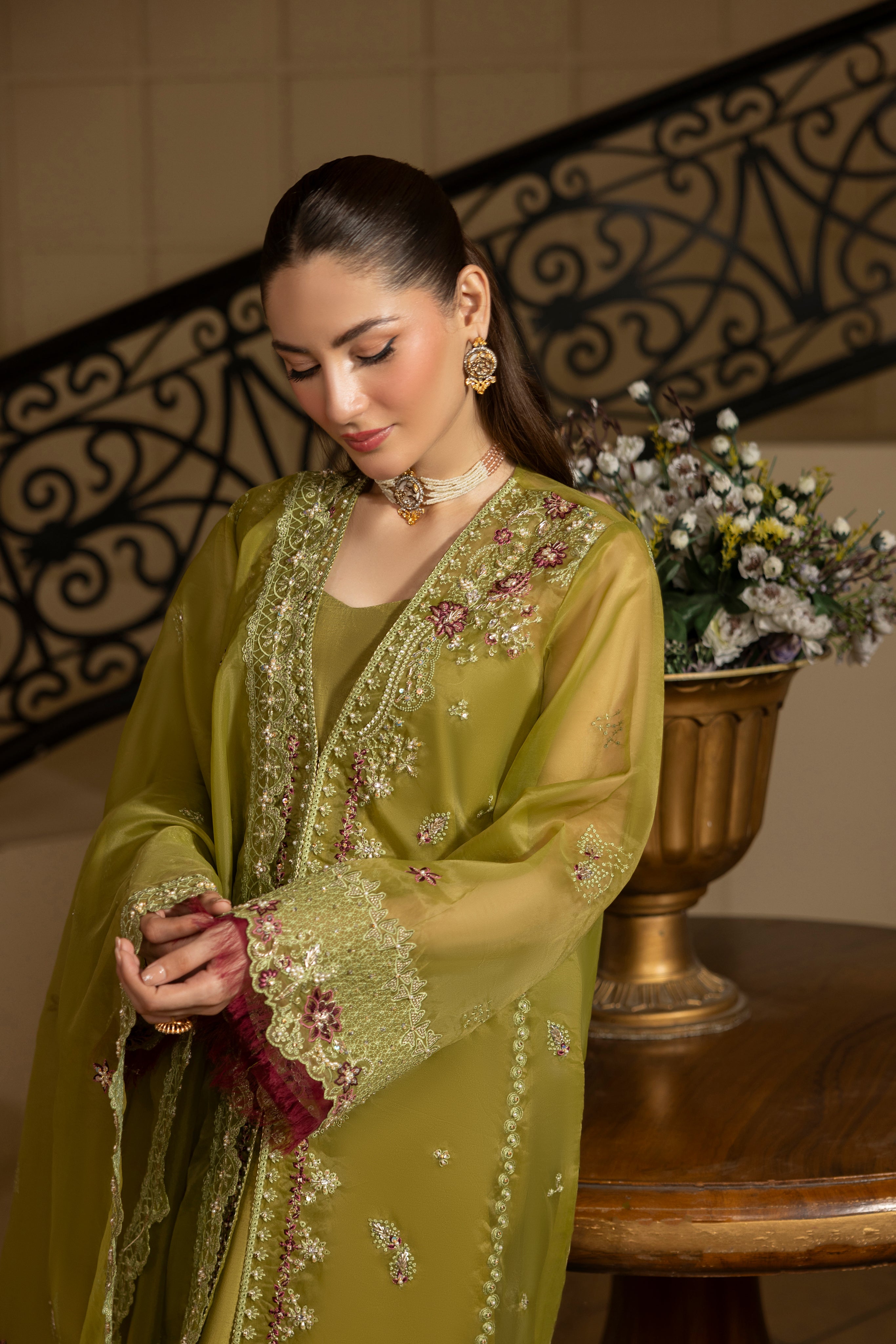 GREEN EMERALD-0RGANZA HAND EMBELLISHED EMBROIDERED-D-100014