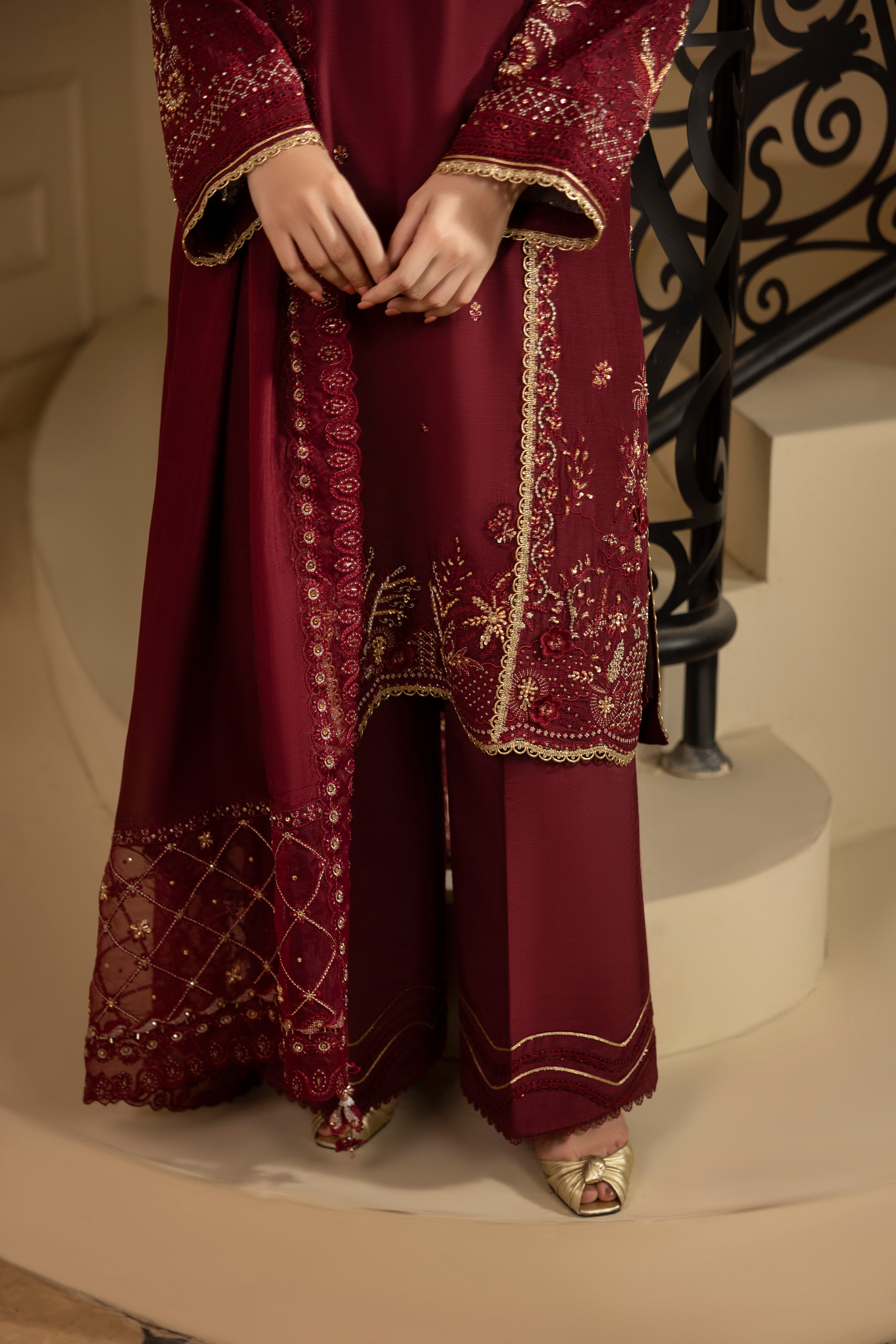 ROYAL RUBY-RAW SILK HAND EMBELLISHED EMBROIDERED-D-100015
