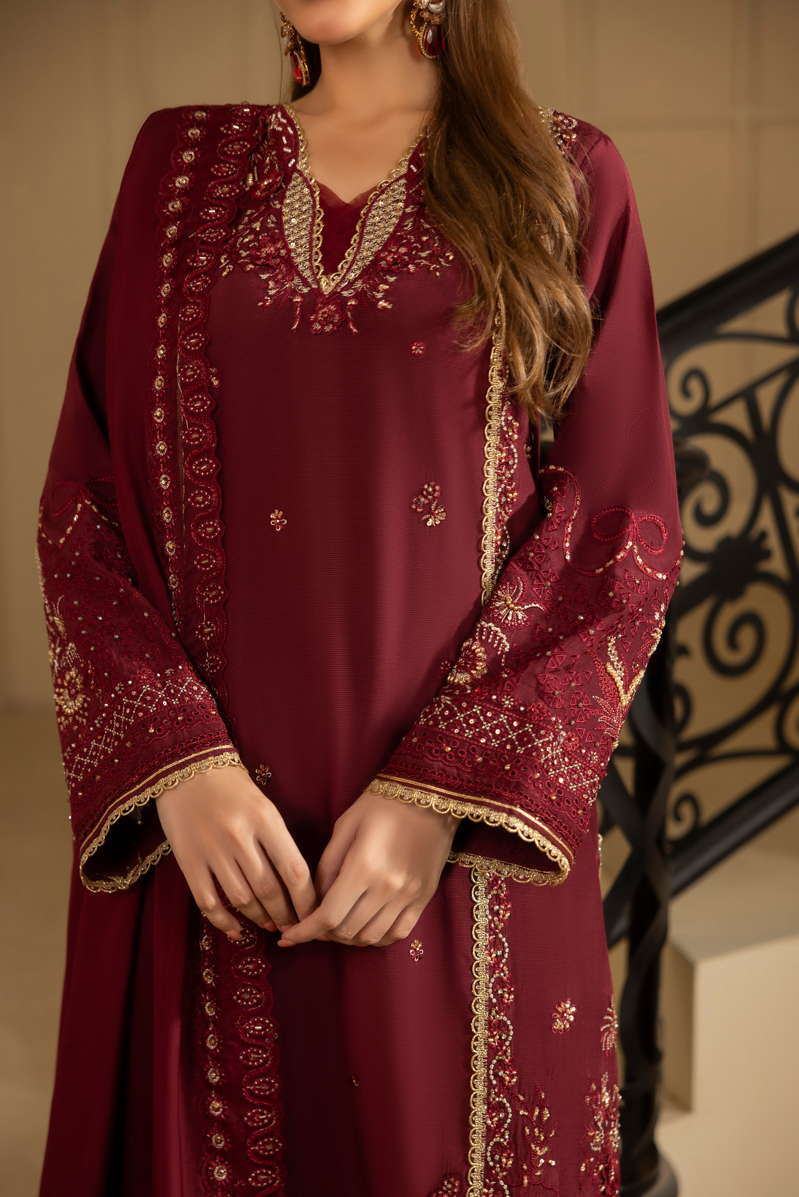ROYAL RUBY-RAW SILK HAND EMBELLISHED EMBROIDERED-D-100015