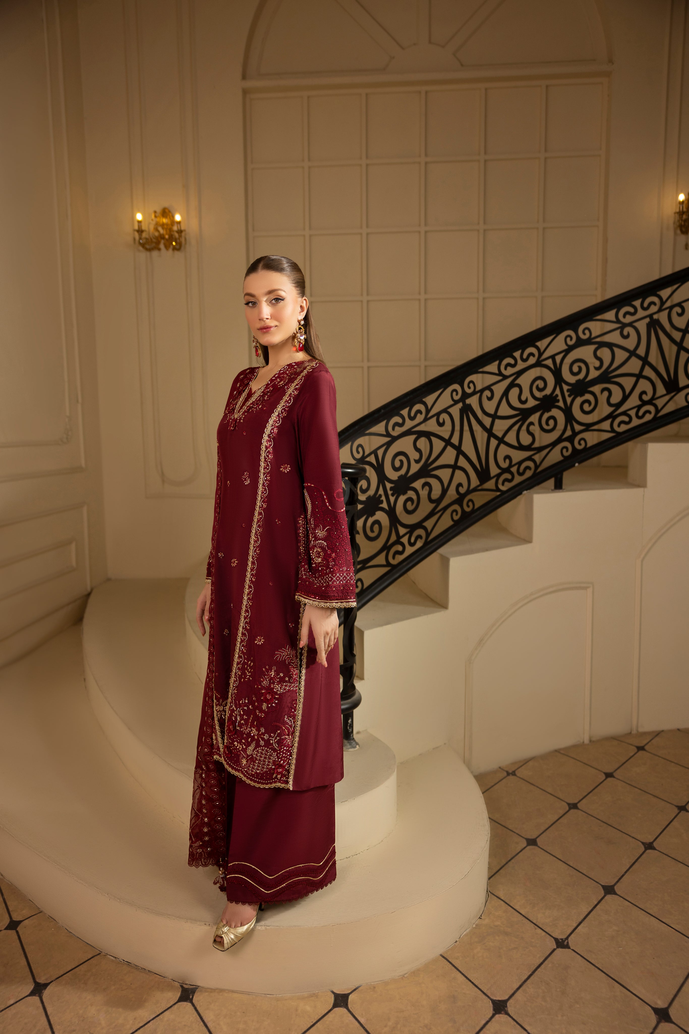 ROYAL RUBY-RAW SILK HAND EMBELLISHED EMBROIDERED-D-100015