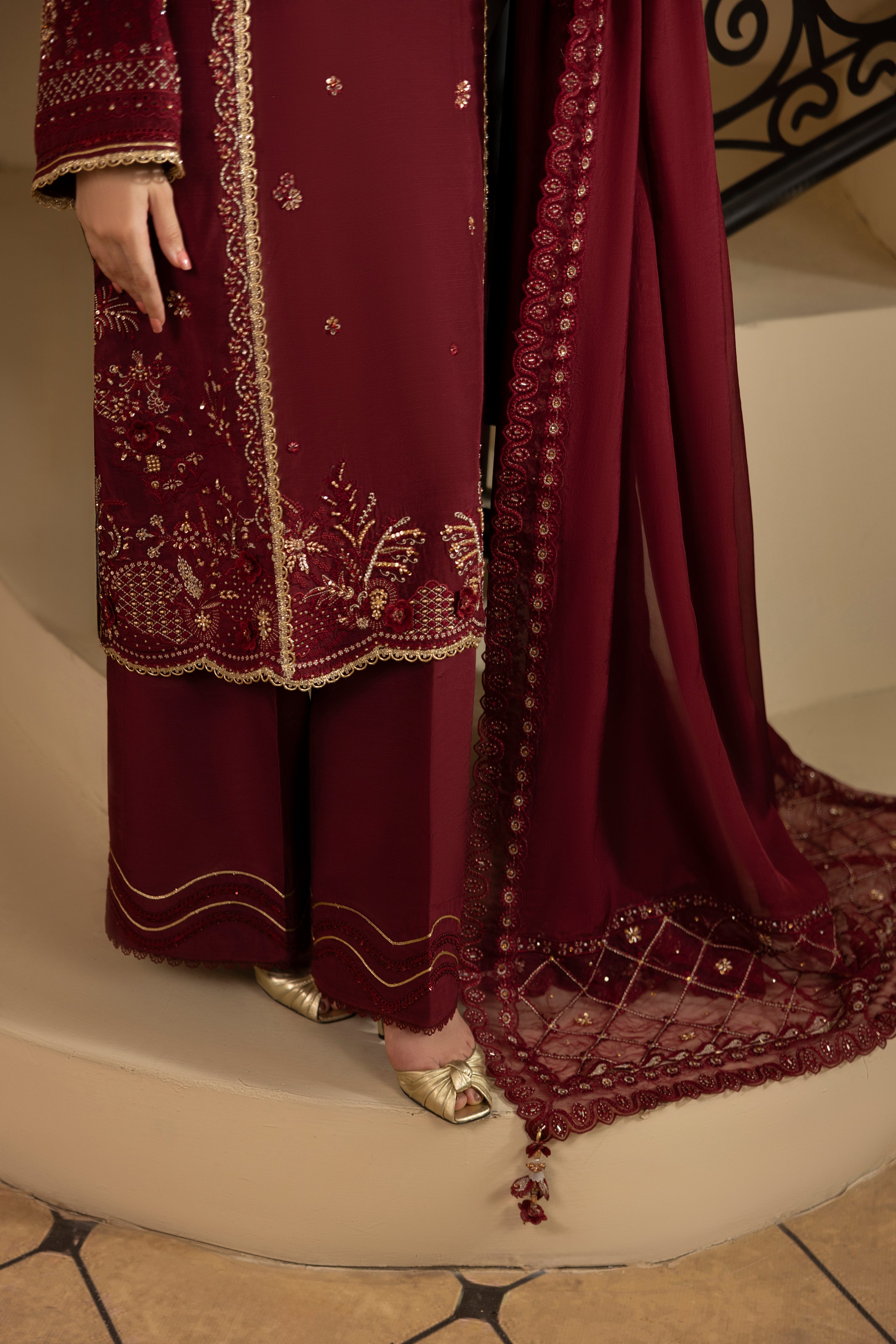 ROYAL RUBY-RAW SILK HAND EMBELLISHED EMBROIDERED-D-100015