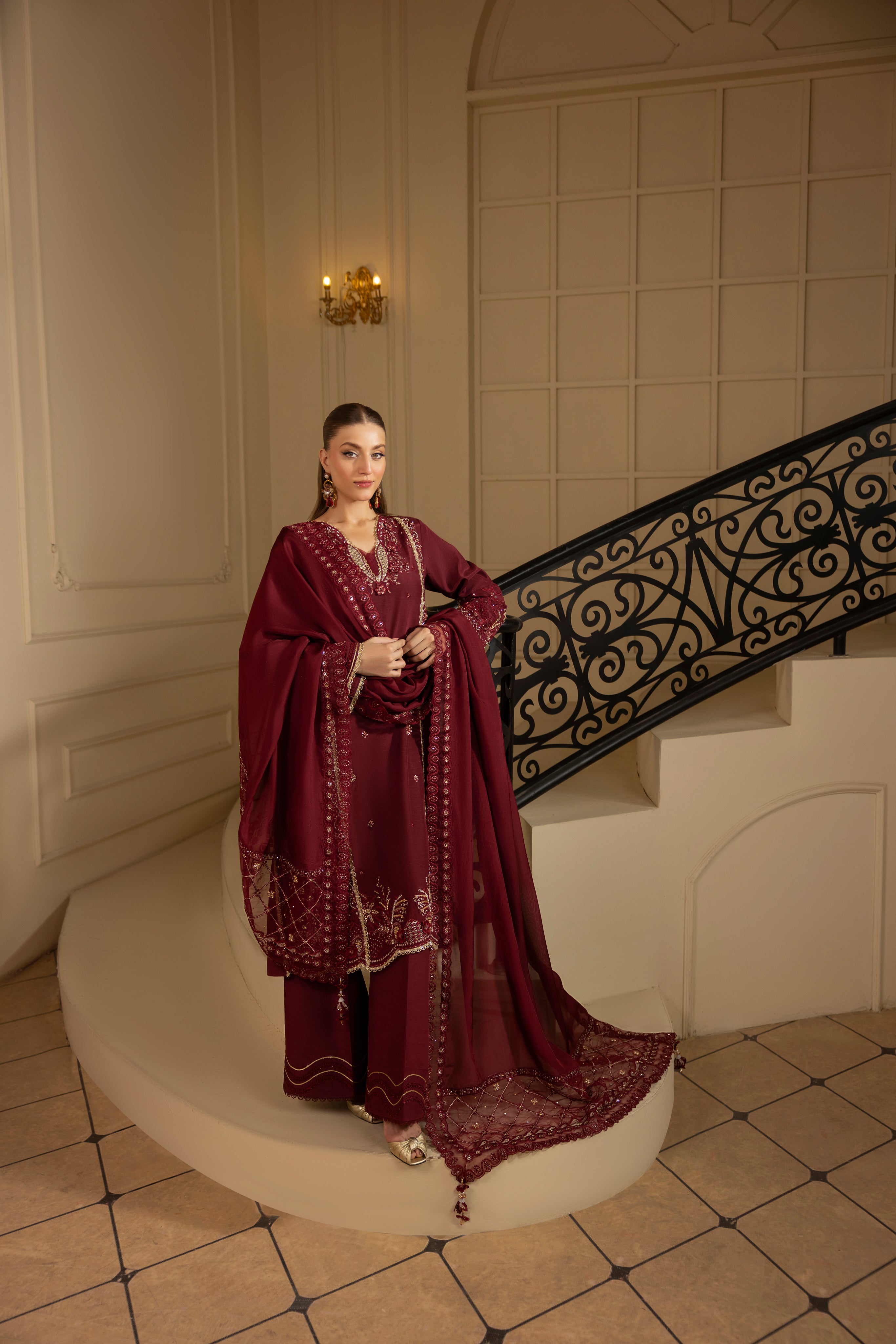 ROYAL RUBY-RAW SILK HAND EMBELLISHED EMBROIDERED-D-100015