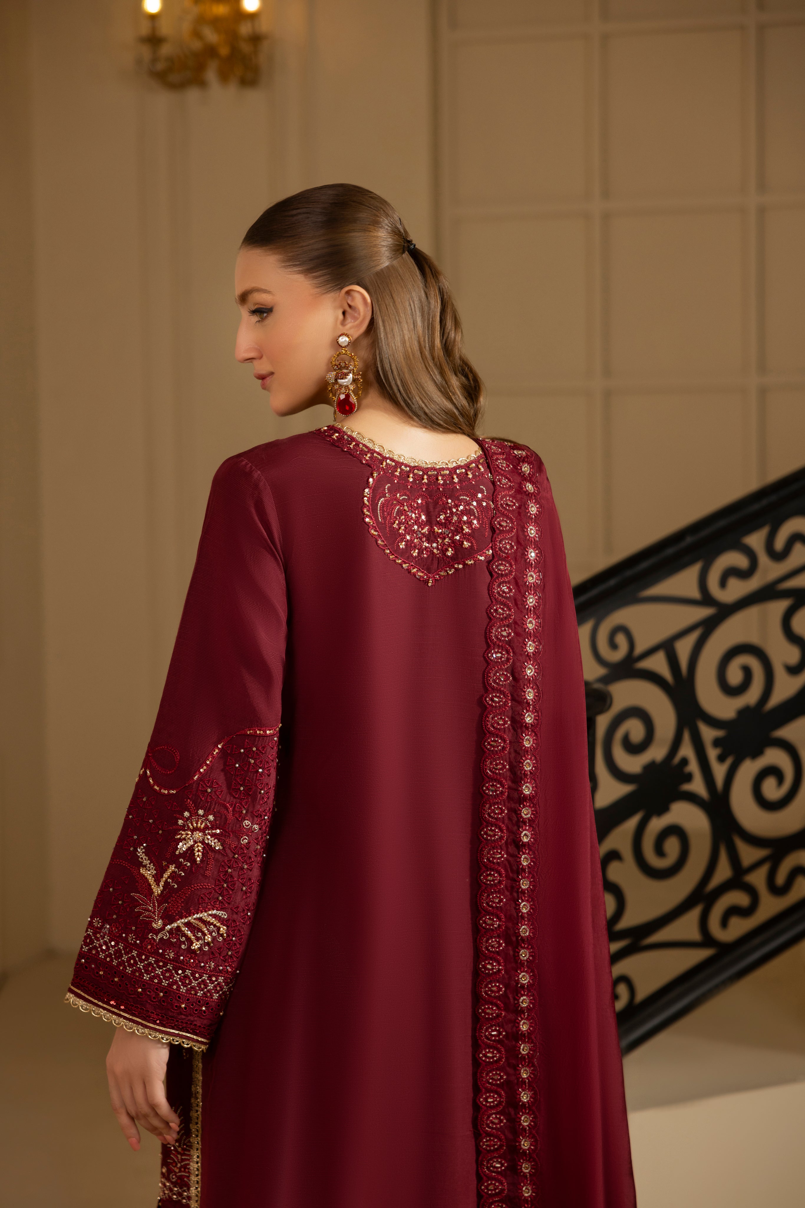 ROYAL RUBY-RAW SILK HAND EMBELLISHED EMBROIDERED-D-100015