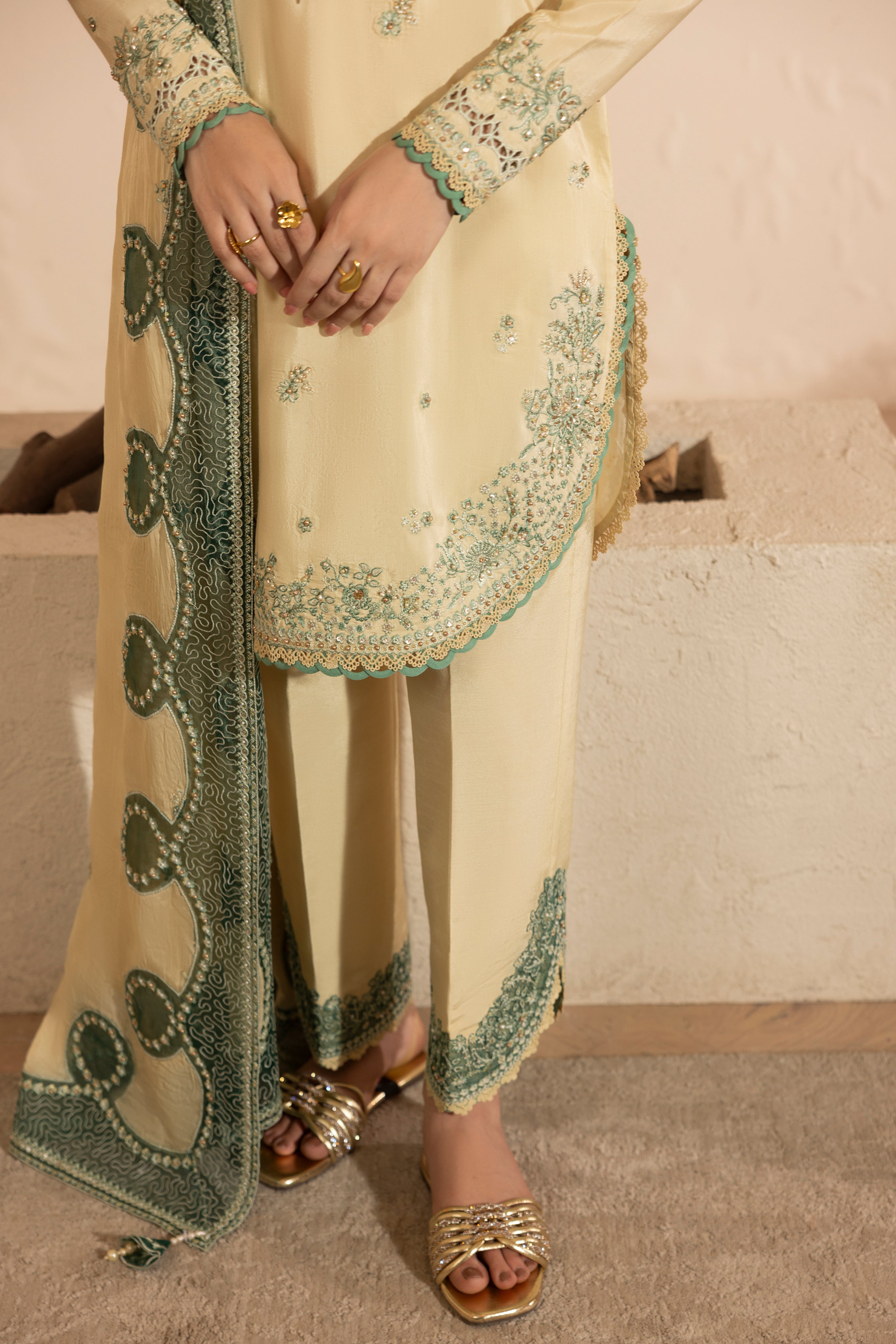 IVORY BLOOM--RAW SILK HAND ENSEMBLE EMBROIDERED-D-100012