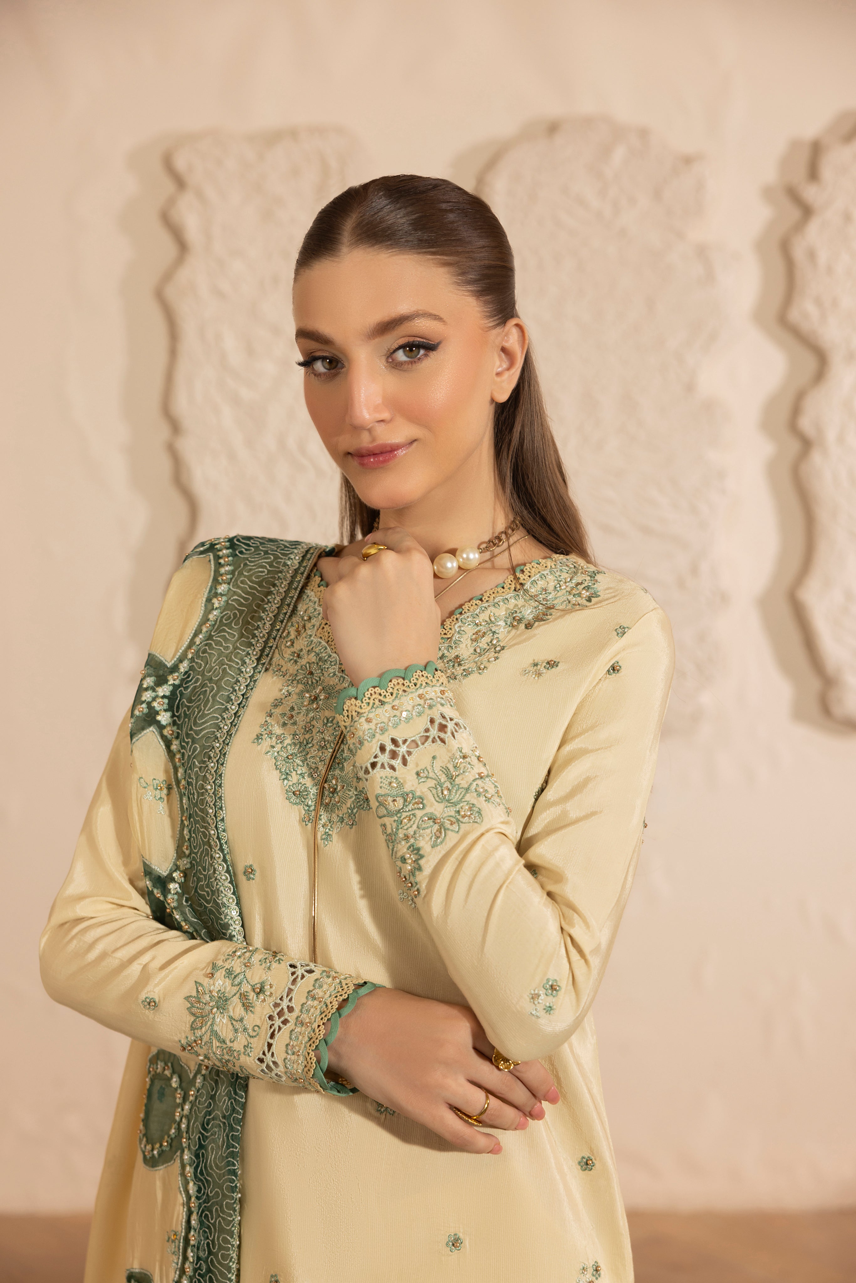 IVORY BLOOM--RAW SILK HAND ENSEMBLE EMBROIDERED-D-100012