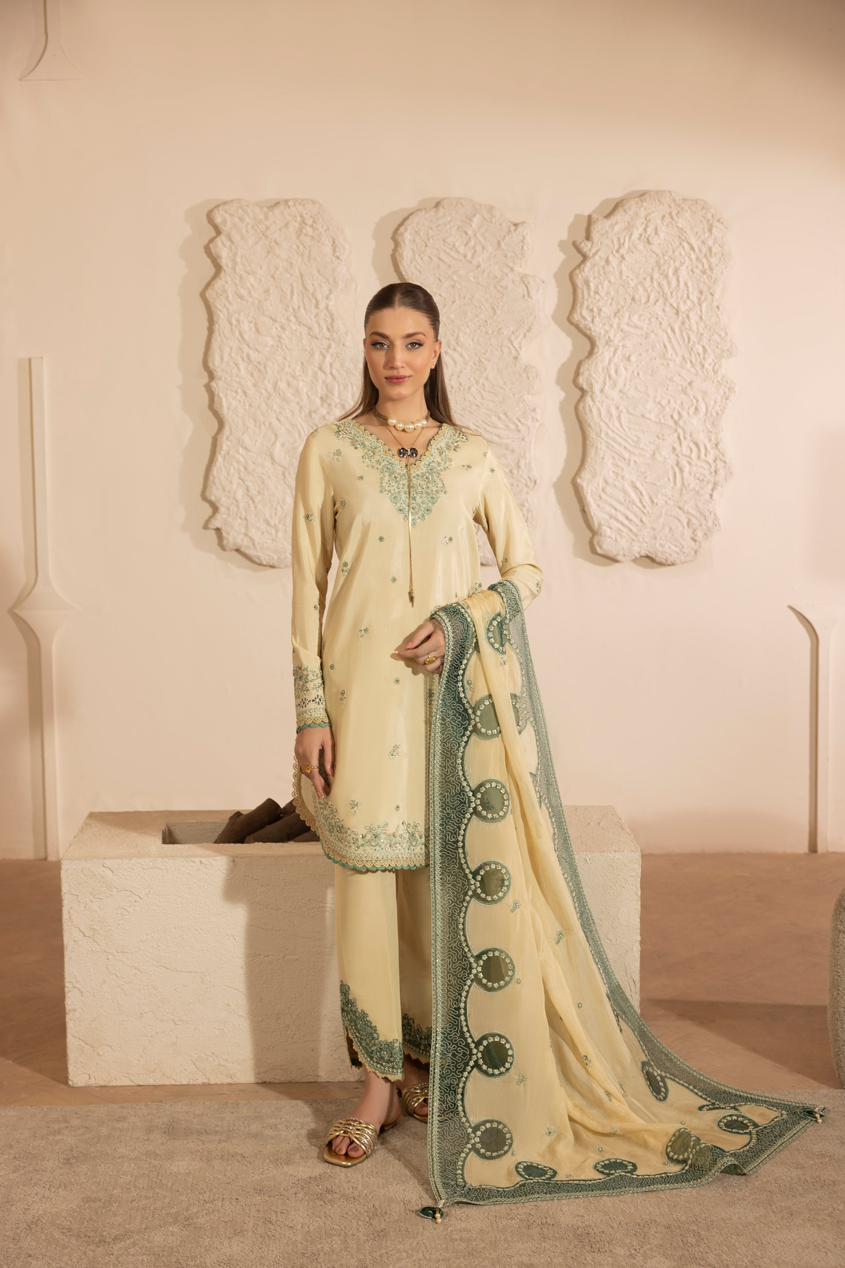 IVORY BLOOM--RAW SILK HAND ENSEMBLE EMBROIDERED-D-100012