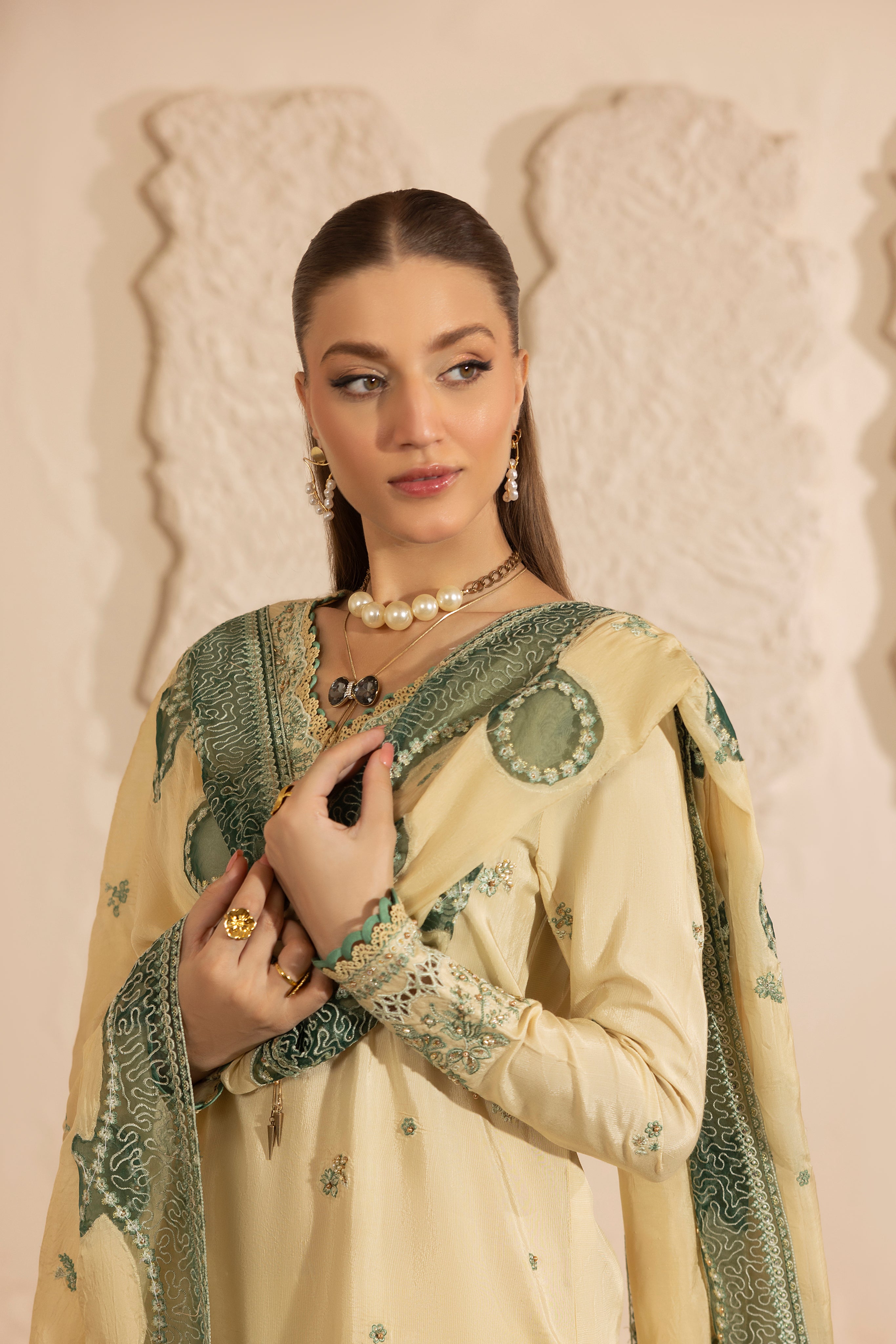 IVORY BLOOM--RAW SILK HAND ENSEMBLE EMBROIDERED-D-100012