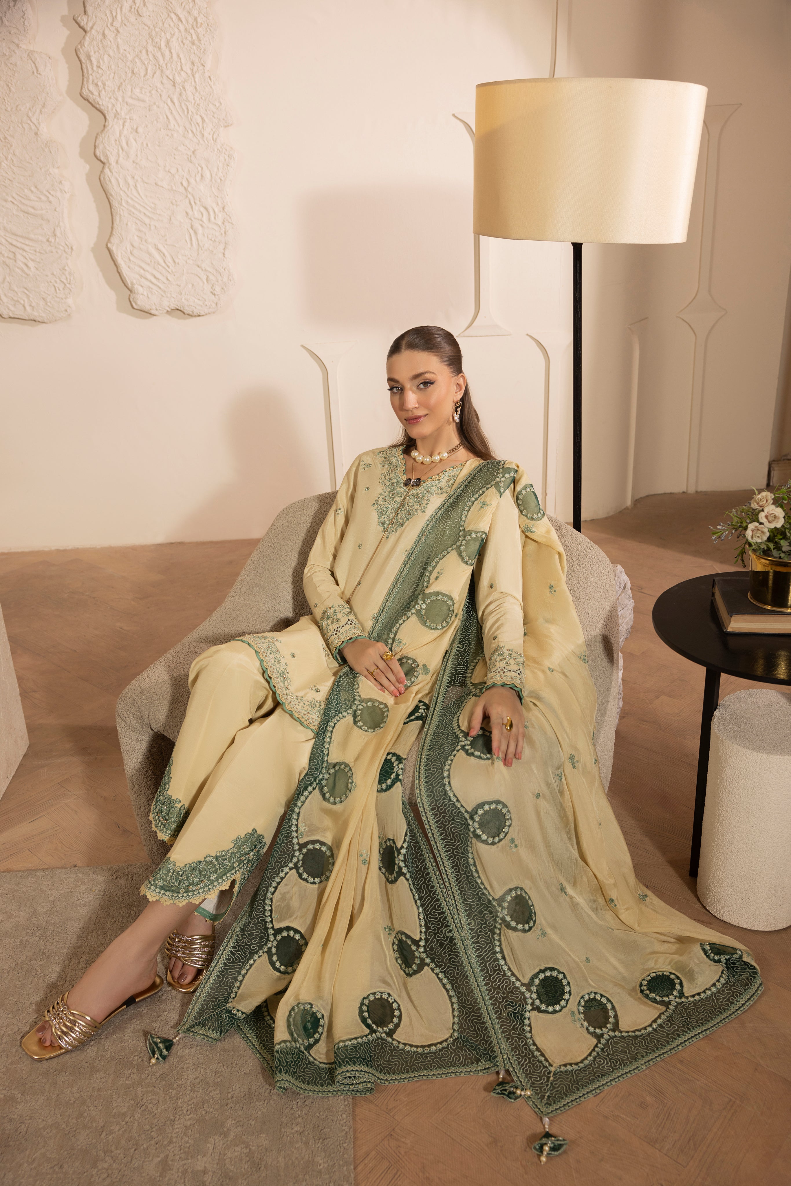 IVORY BLOOM--RAW SILK HAND ENSEMBLE EMBROIDERED-D-100012