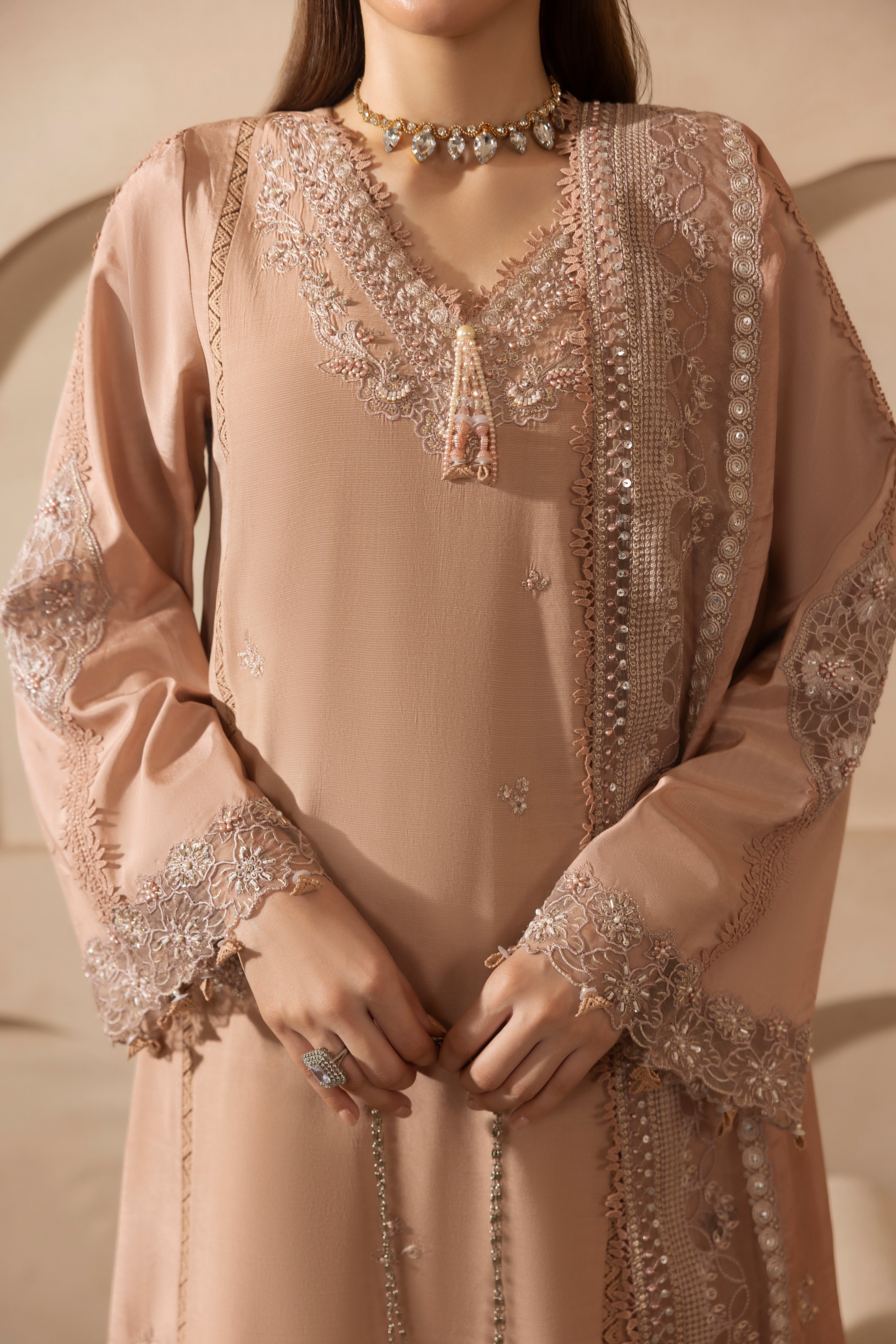 DUSTY ROSE-RAW SILK HAND ENSEMBLE EMBROIDERED-D-100011